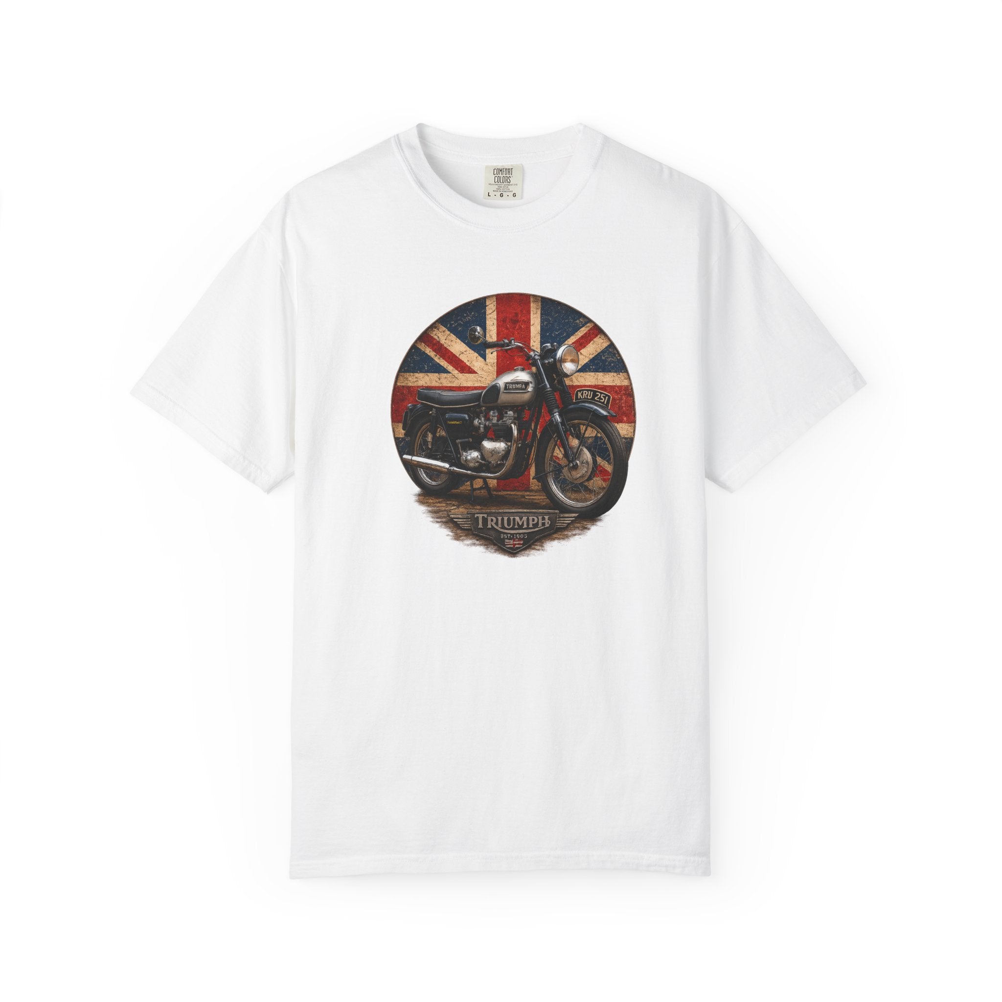 Classic Triumph Motorcycle T-Shirt — Vintage British Flag Ride Tee