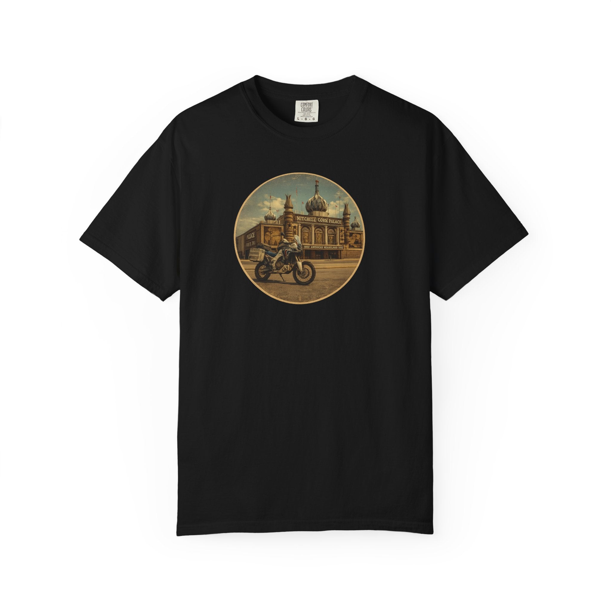 Vintage Motorcycle T-Shirt — Rider in Front of Historic Cathedral