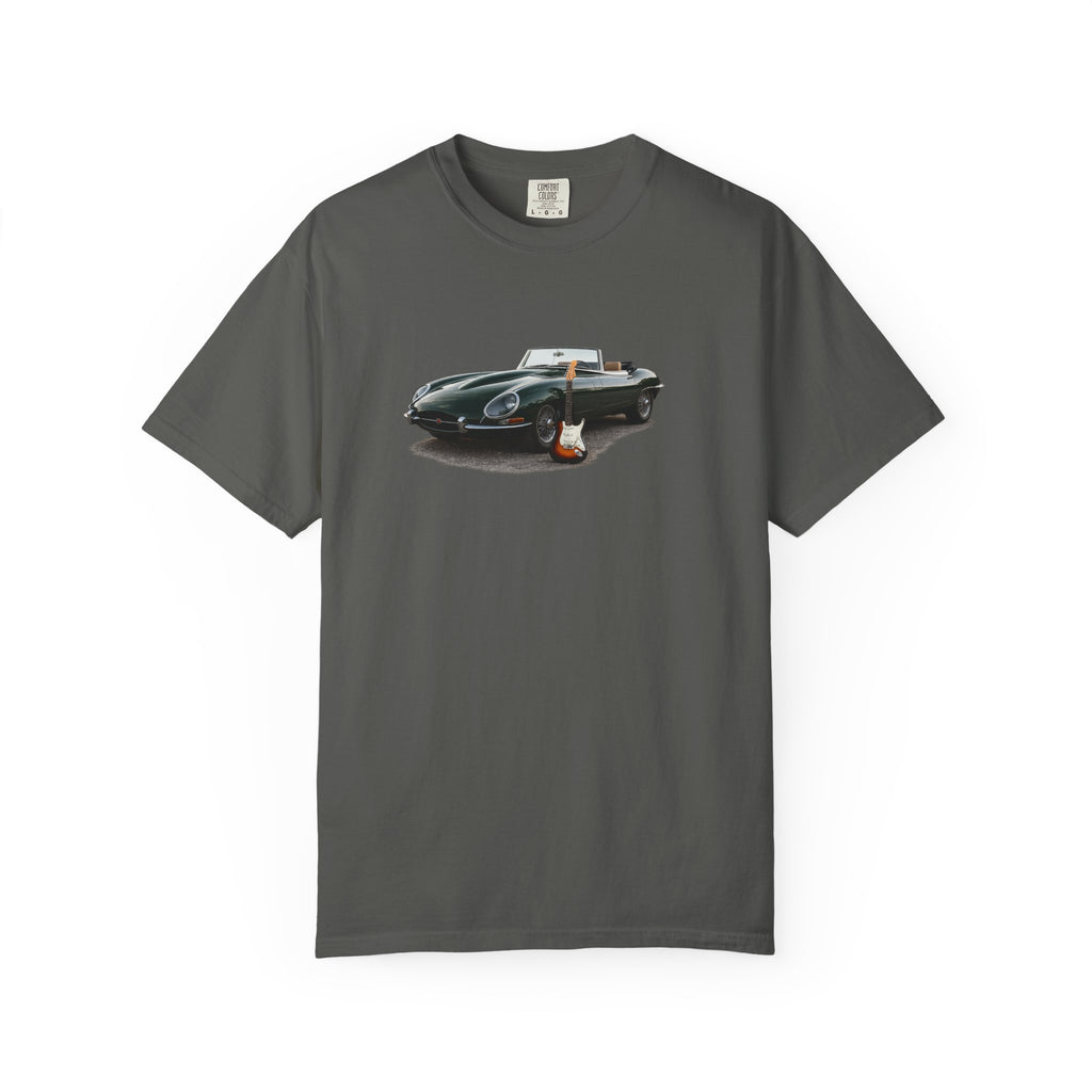 Classic Sports Car Tee — Vintage Jaguar with Guitar Graphic