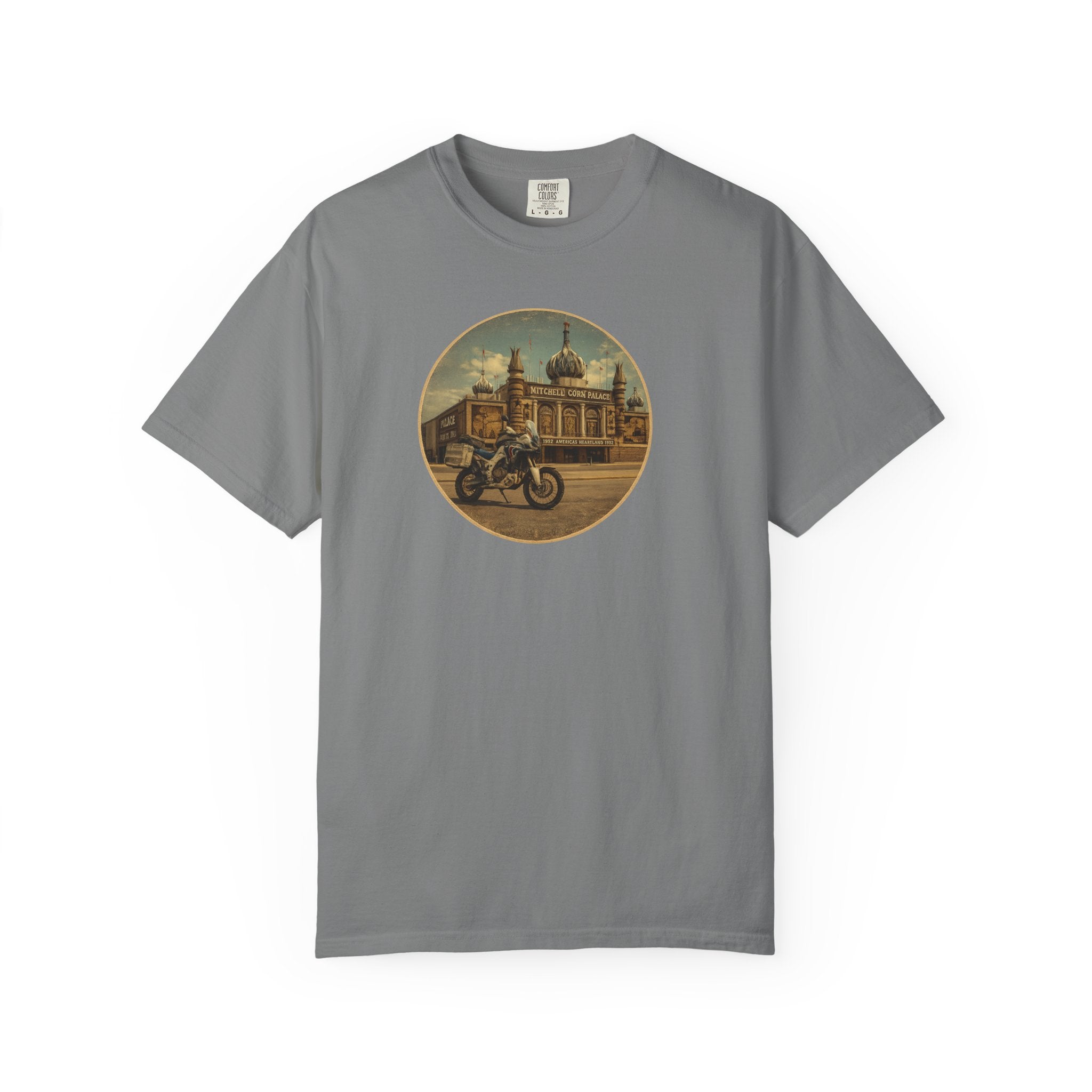 Vintage Motorcycle T-Shirt — Rider in Front of Historic Cathedral