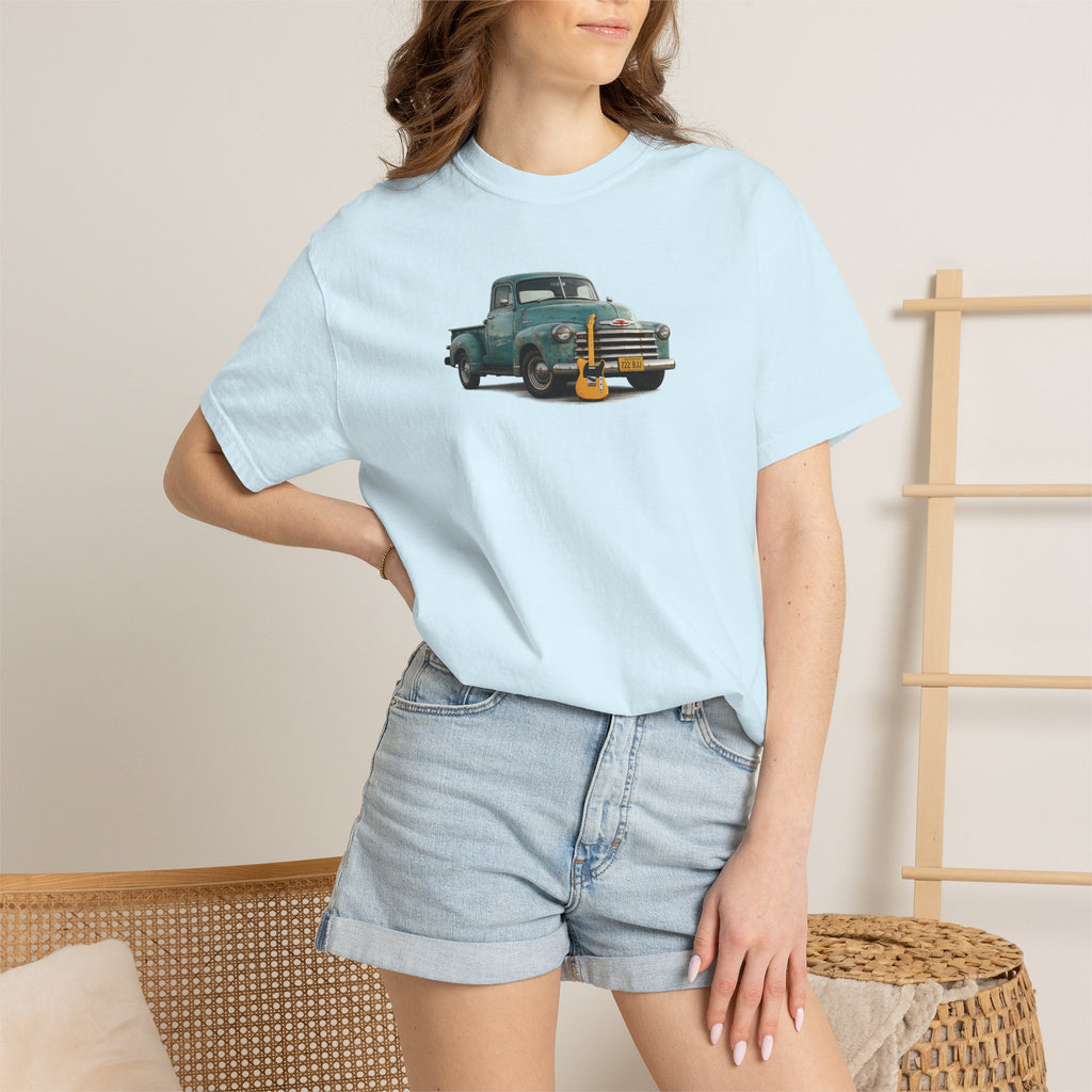 Vintage Pickup Truck & Guitar T-Shirt — Retro Americana Tee for Musicians & Classic Car Fans