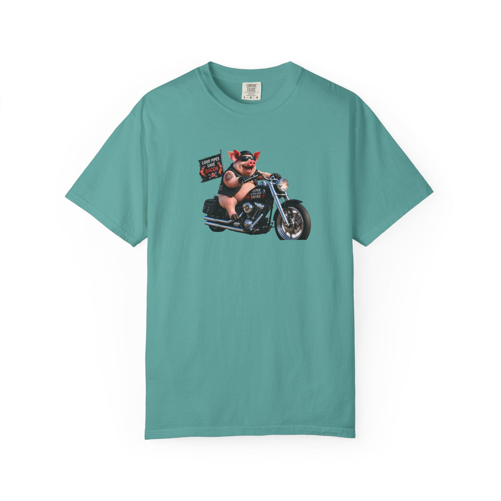 Biker Pig Motorcycle T-Shirt — "Live to Eat, Love to Ride" Retro Graphic Tee
