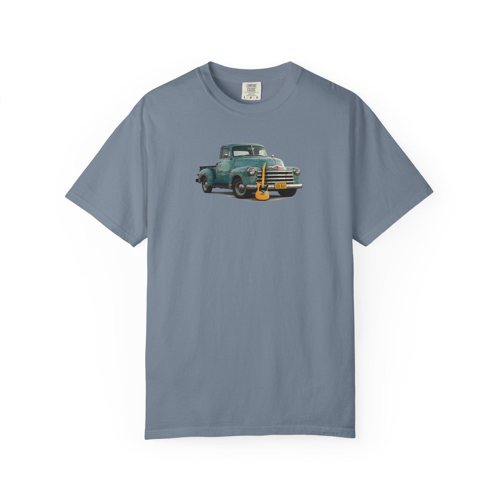 Vintage Pickup Truck & Guitar T-Shirt — Retro Americana Tee for Musicians & Classic Car Fans
