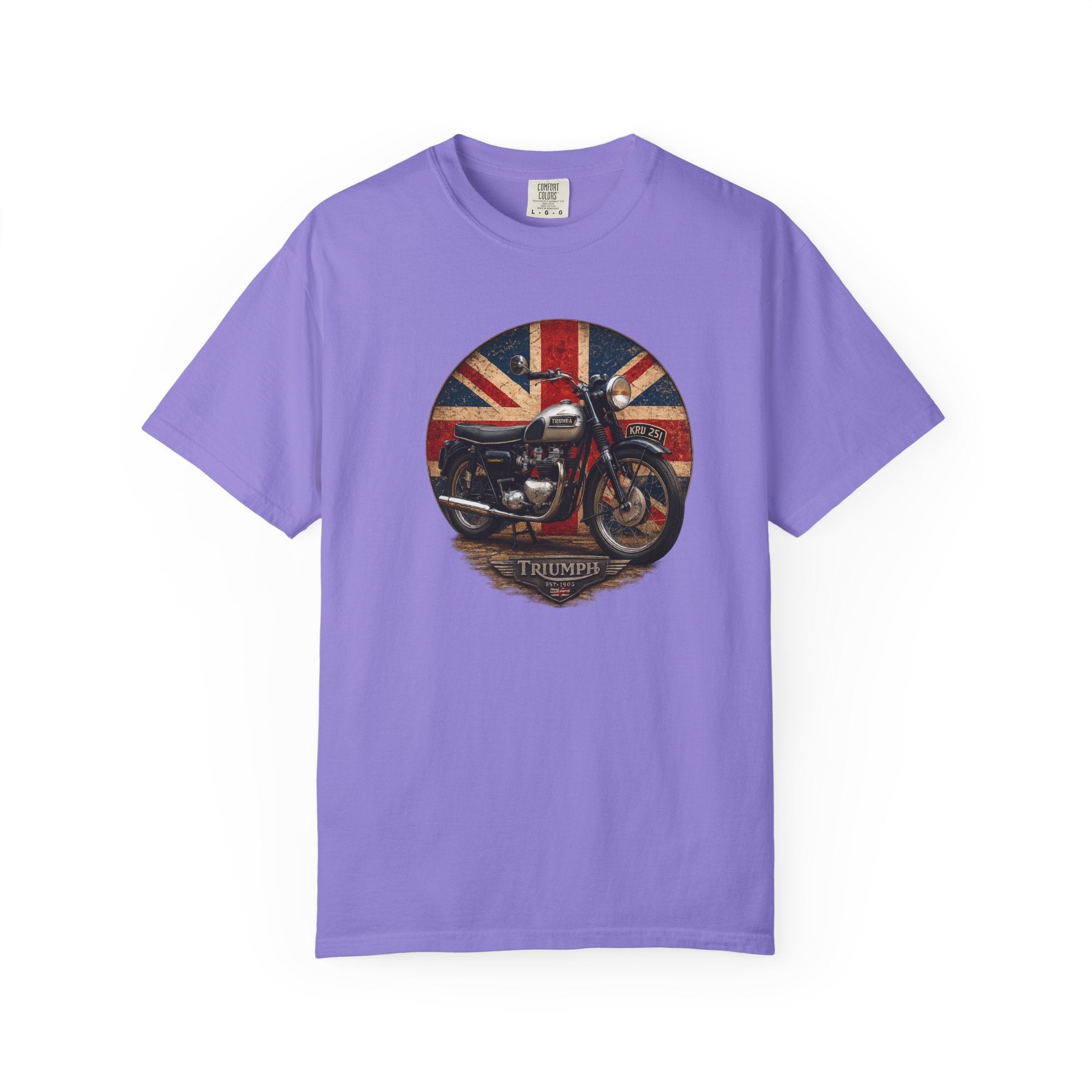 Classic Triumph Motorcycle T-Shirt — Vintage British Flag Ride Tee