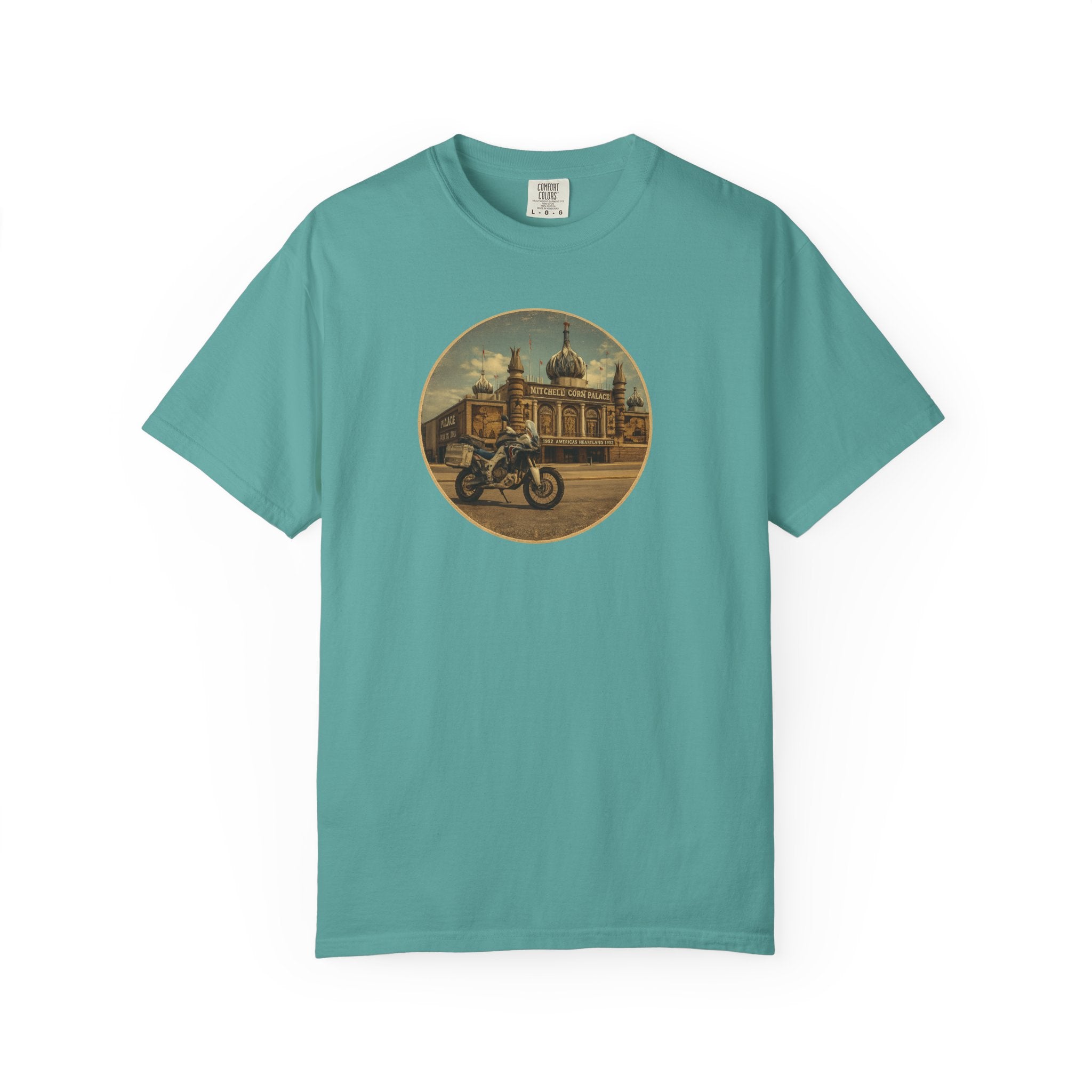 Vintage Motorcycle T-Shirt — Rider in Front of Historic Cathedral