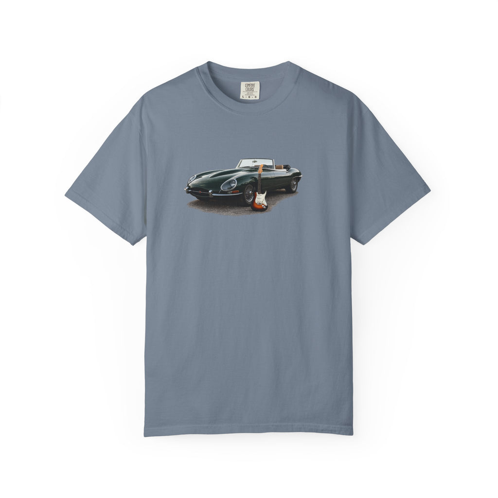 Classic Sports Car Tee — Vintage Jaguar with Guitar Graphic