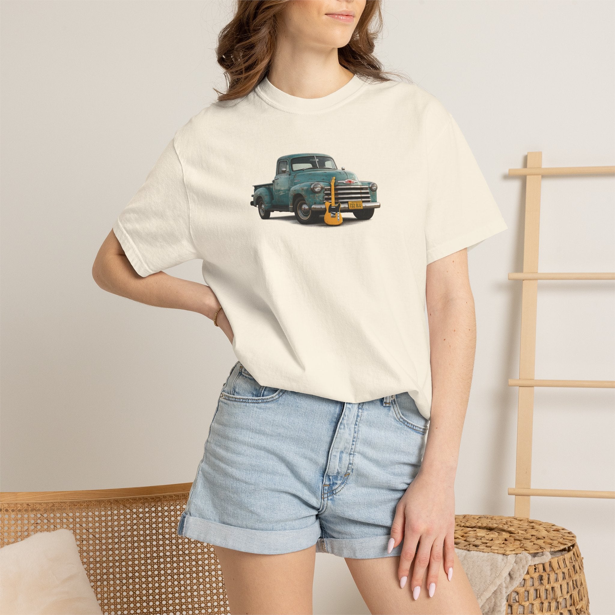 Vintage Pickup Truck & Guitar T-Shirt — Retro Americana Tee for Musicians & Classic Car Fans
