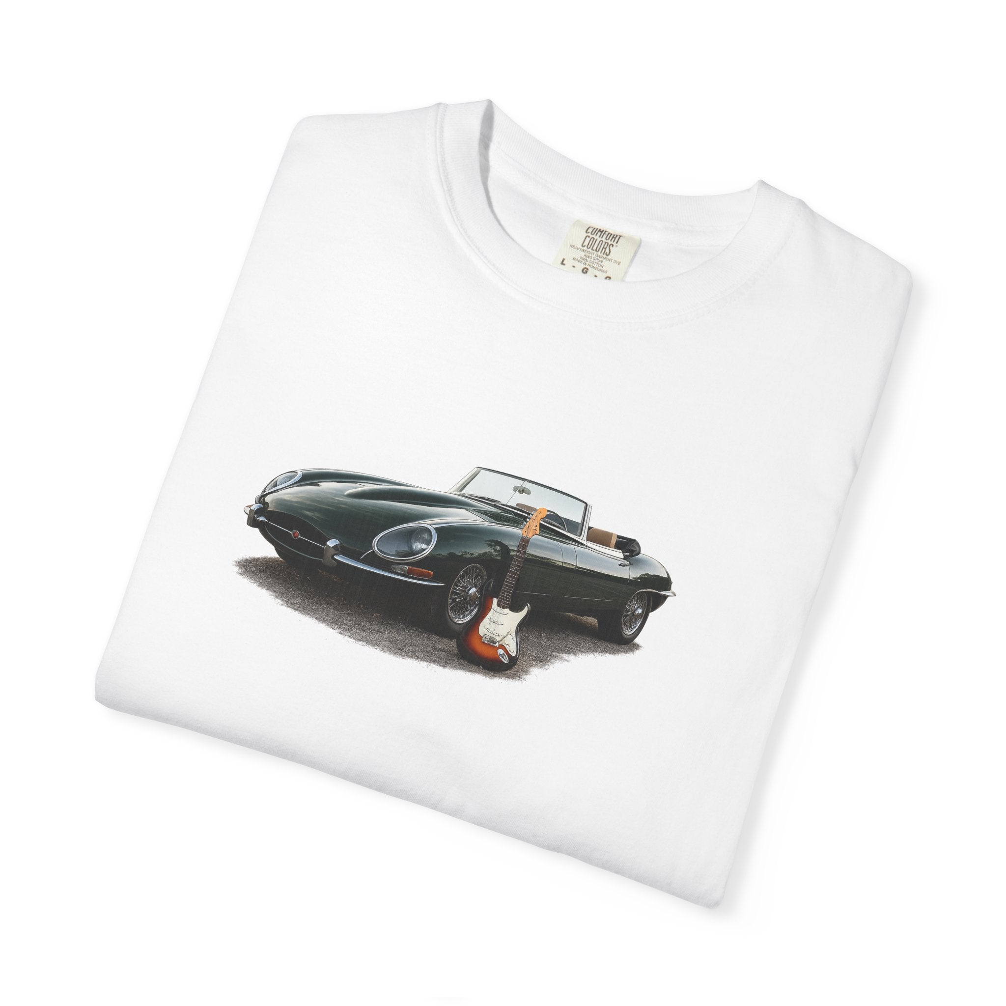 Classic Sports Car Tee — Vintage Jaguar with Guitar Graphic