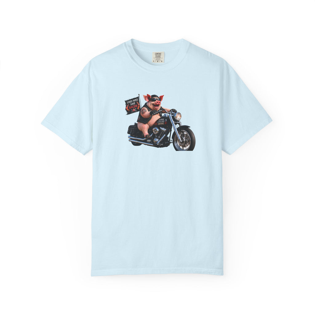 Biker Pig Motorcycle T-Shirt — "Live to Eat, Love to Ride" Retro Graphic Tee