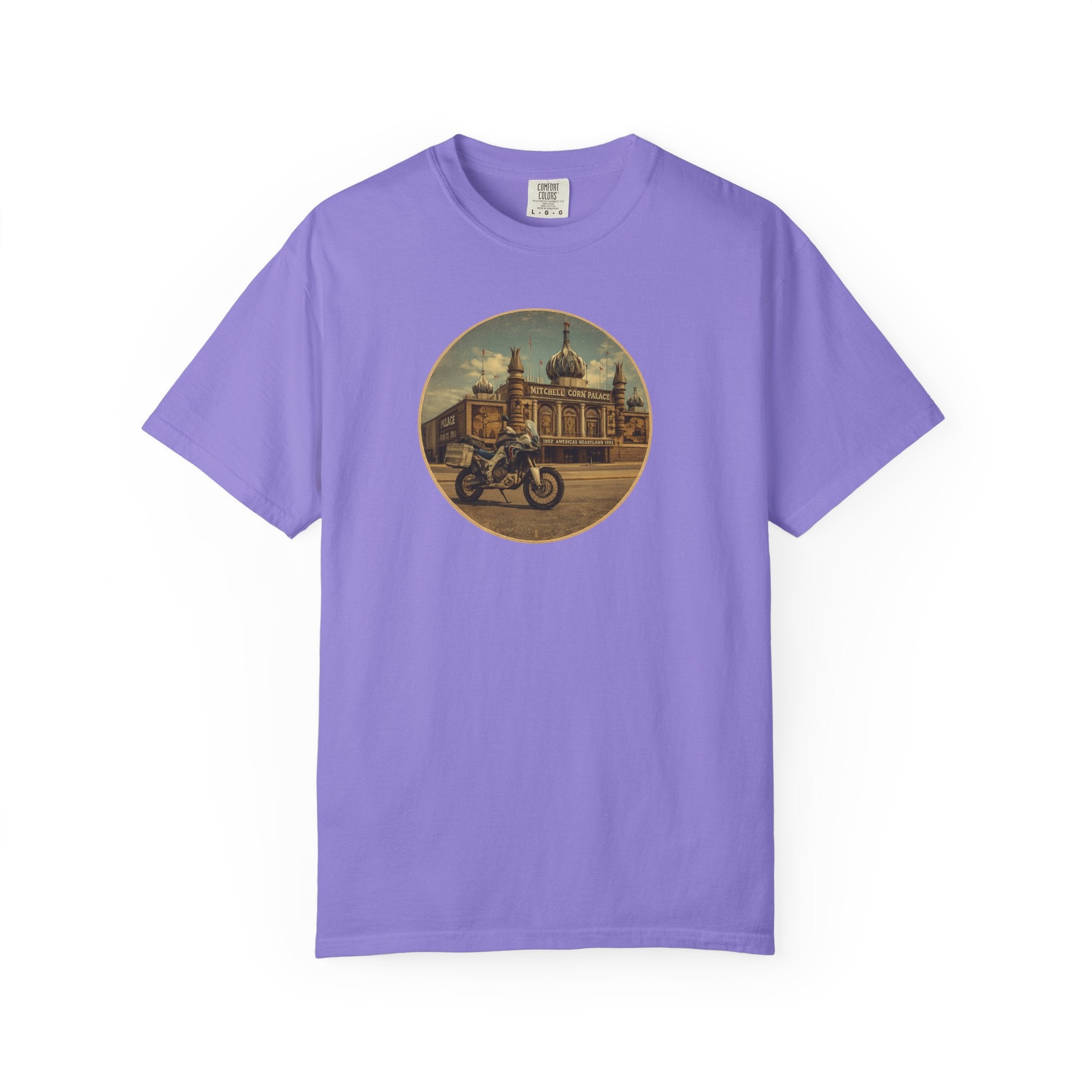 Vintage Motorcycle T-Shirt — Rider in Front of Historic Cathedral