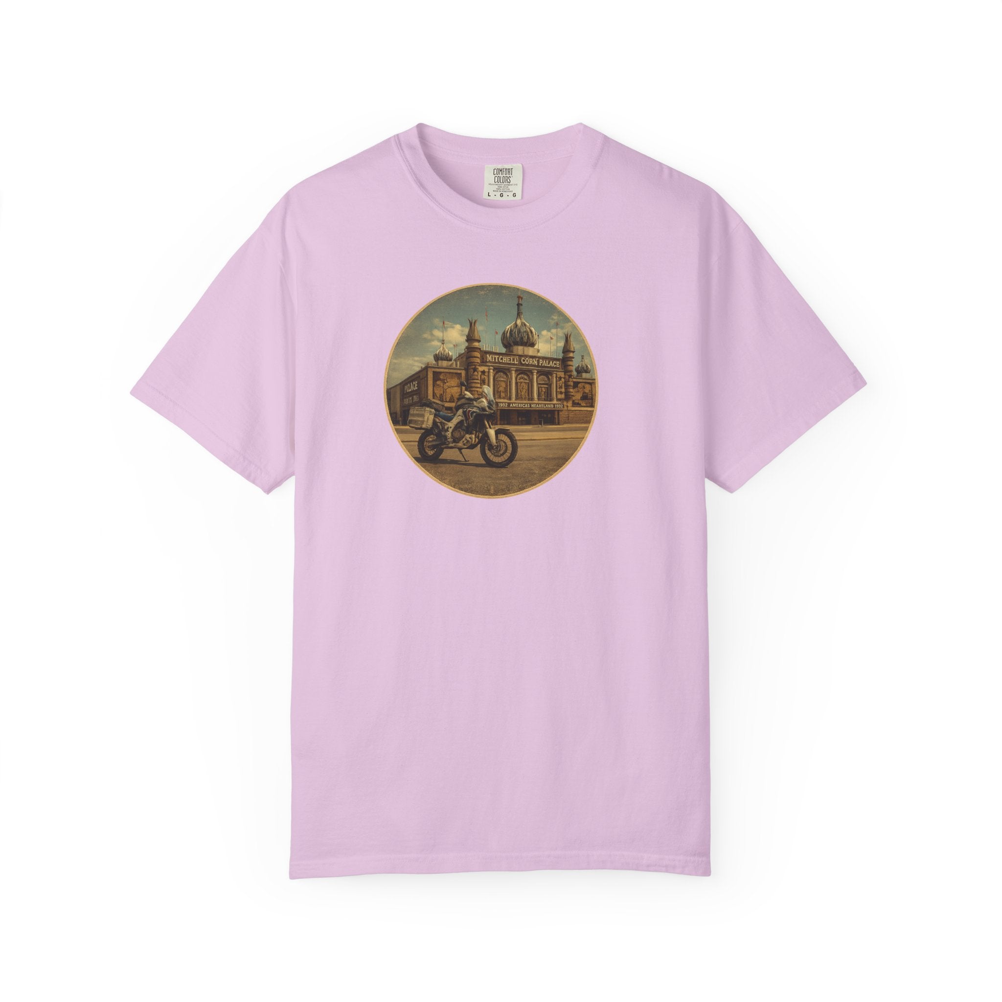 Vintage Motorcycle T-Shirt — Rider in Front of Historic Cathedral