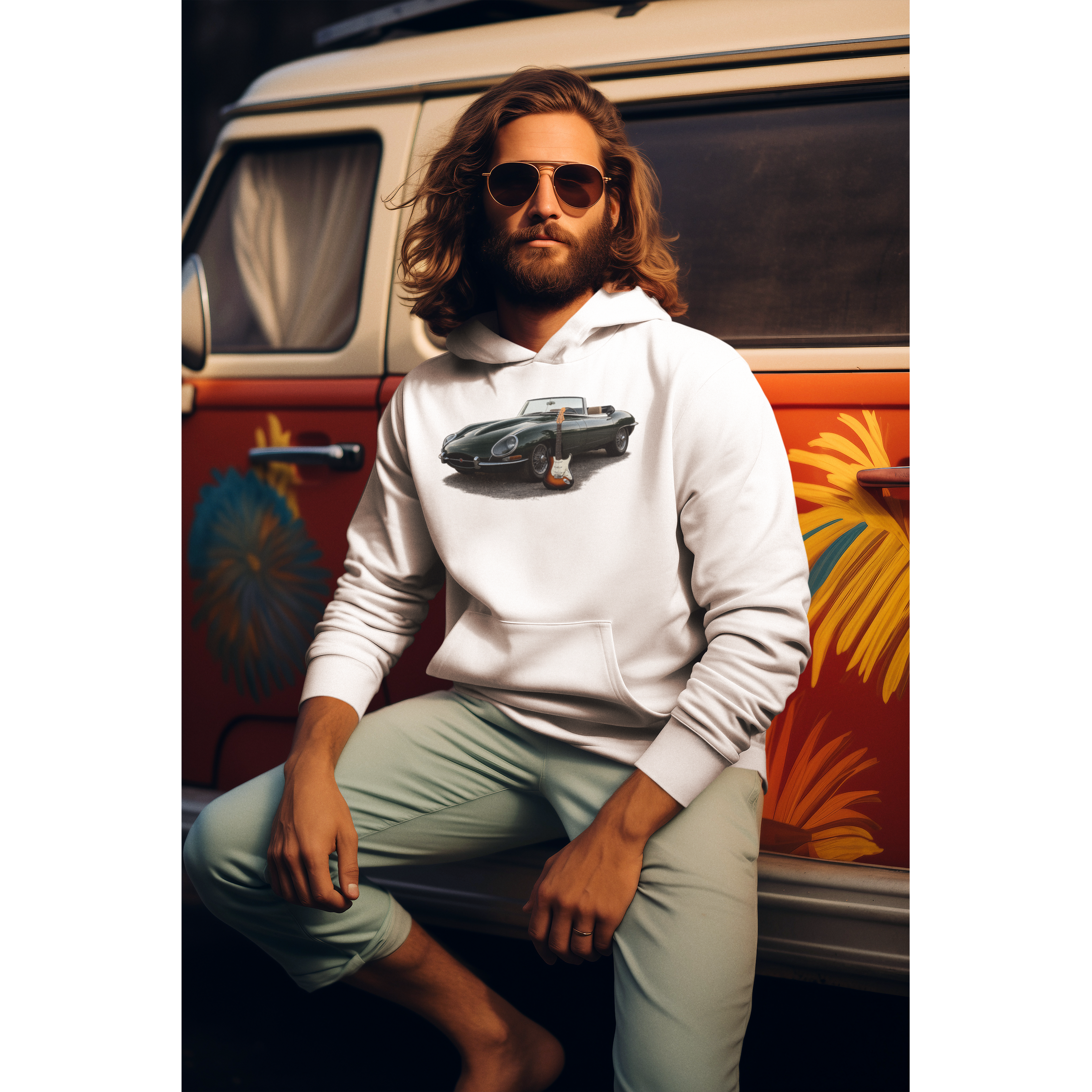 Classic Sports Car Tee — Vintage Jaguar with Guitar Graphic