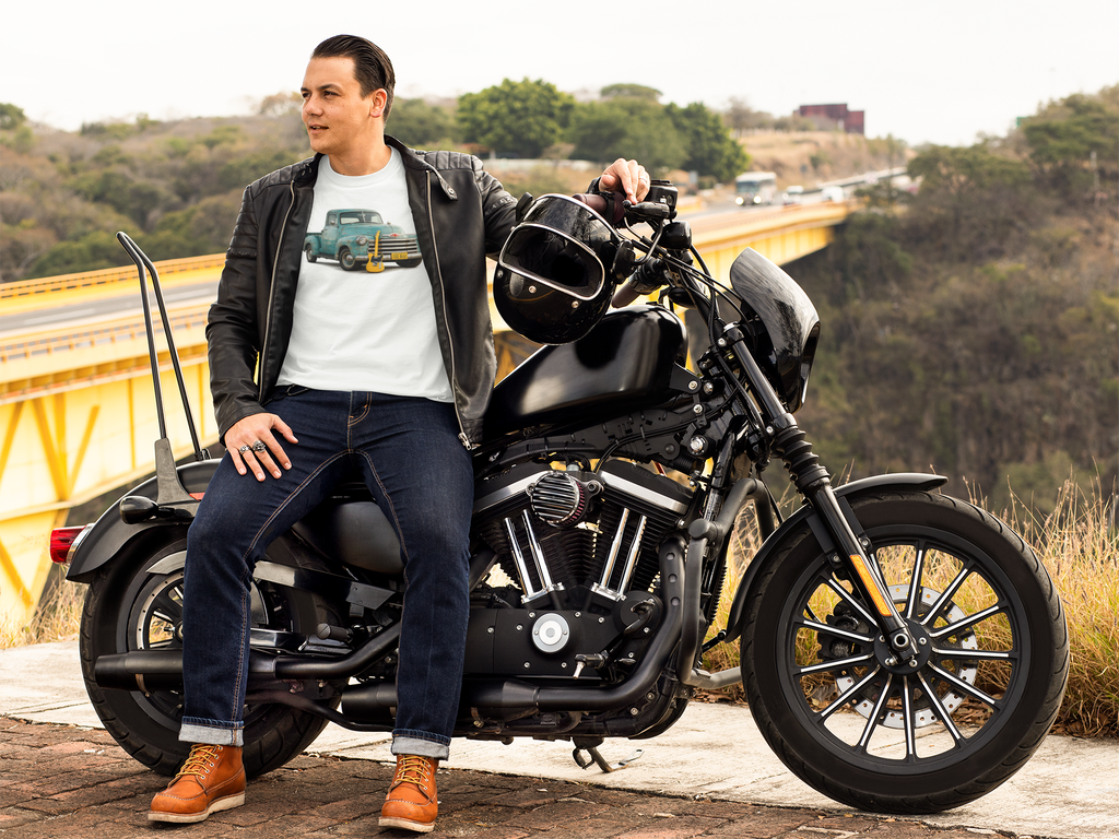 Vintage Pickup Truck & Guitar T-Shirt — Retro Americana Tee for Musicians & Classic Car Fans