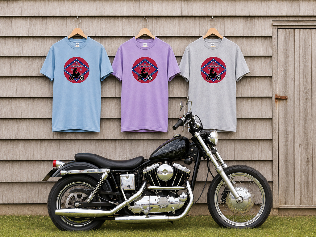 Copy of Arkansas Motorcycle Rider Graphic T-Shirt — State Flag Circle Design