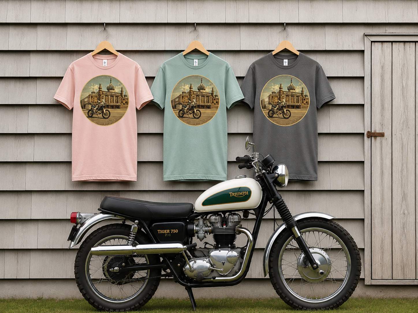Vintage Motorcycle T-Shirt — Rider in Front of Historic Cathedral