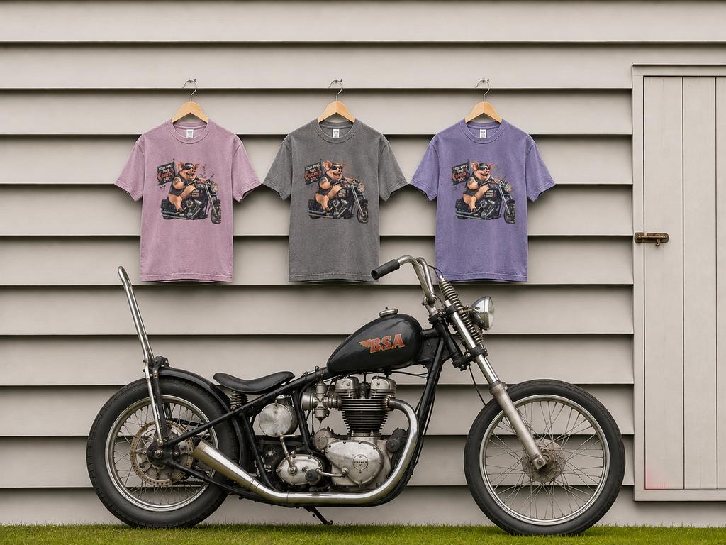 Biker Pig Motorcycle T-Shirt — "Live to Eat, Love to Ride" Retro Graphic Tee