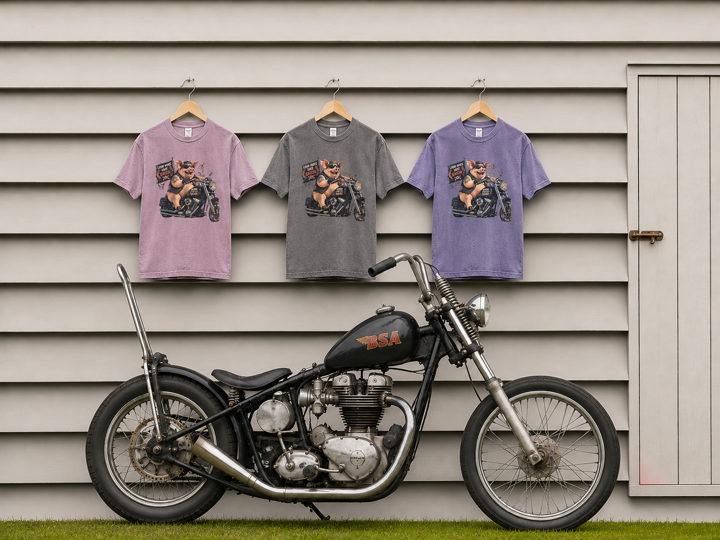 Biker Pig Motorcycle T-Shirt — "Live to Eat, Love to Ride" Retro Graphic Tee