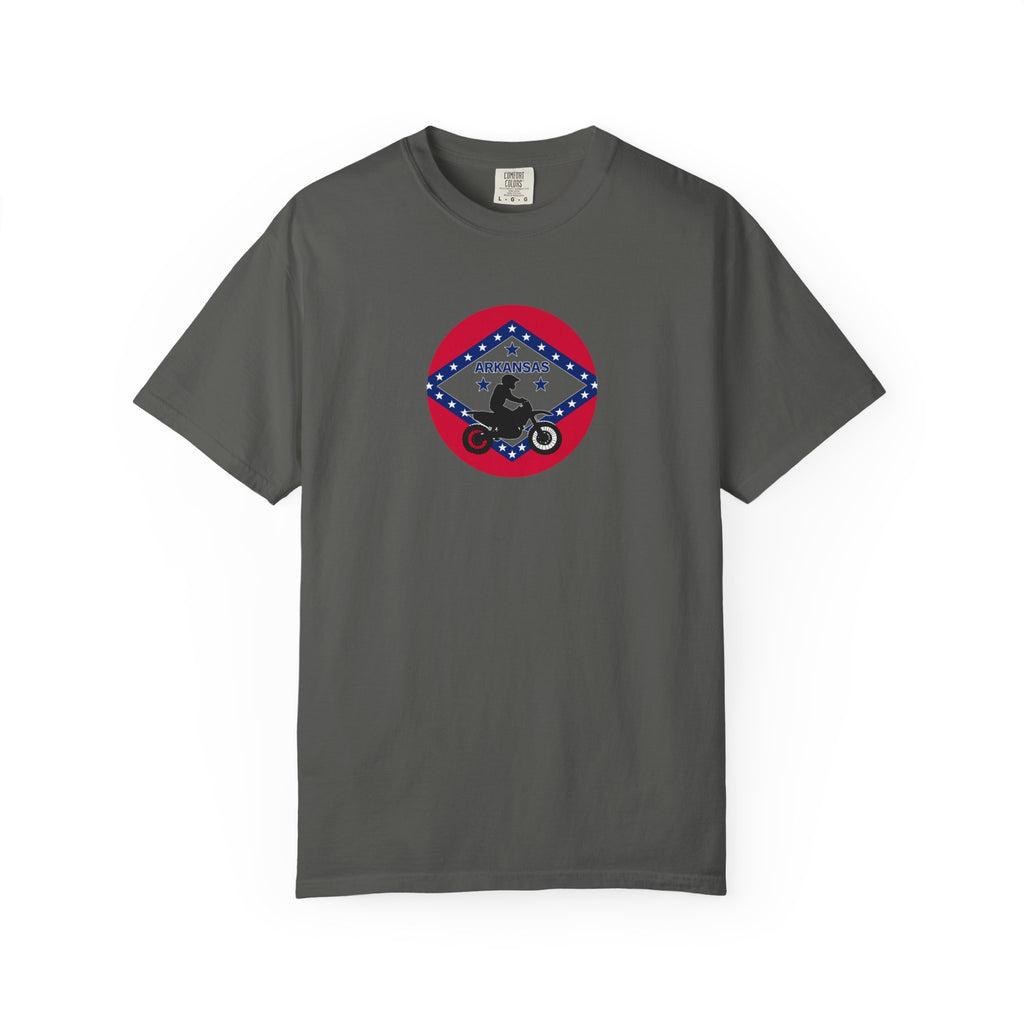 Copy of Arkansas Motorcycle Rider Graphic T-Shirt — State Flag Circle Design
