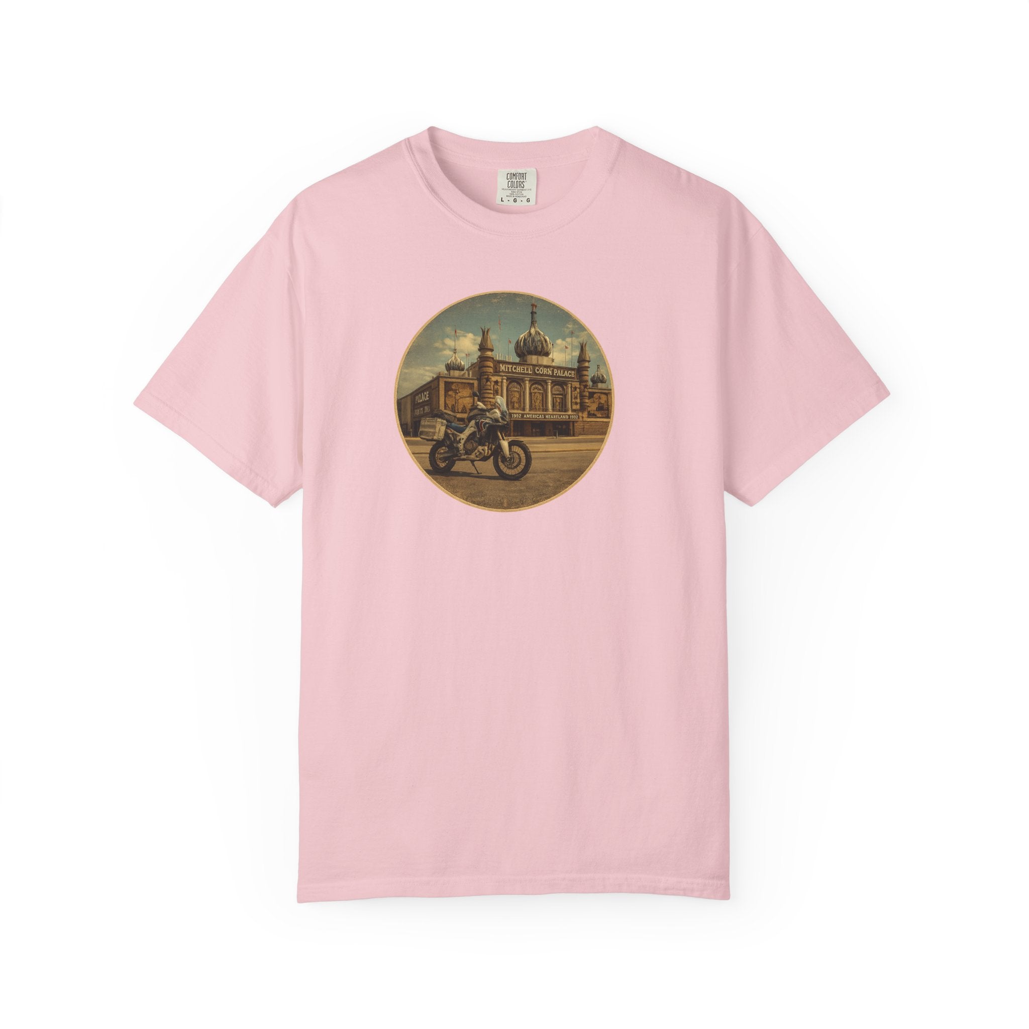 Vintage Motorcycle T-Shirt — Rider in Front of Historic Cathedral