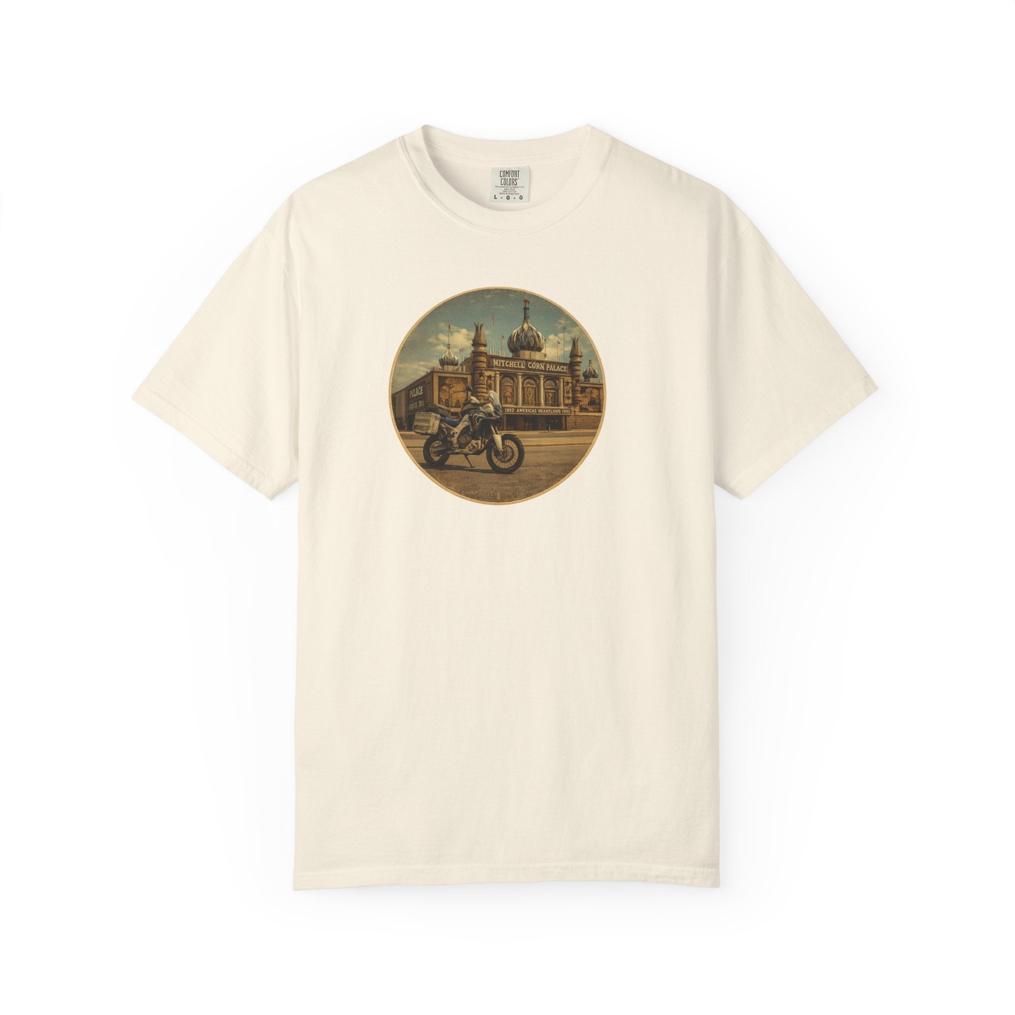Vintage Motorcycle T-Shirt — Rider in Front of Historic Cathedral