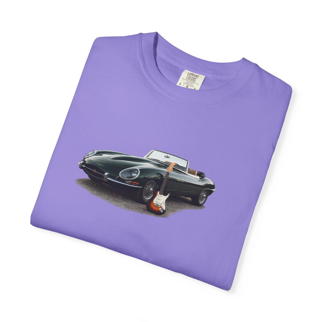 Classic Sports Car Tee — Vintage Jaguar with Guitar Graphic