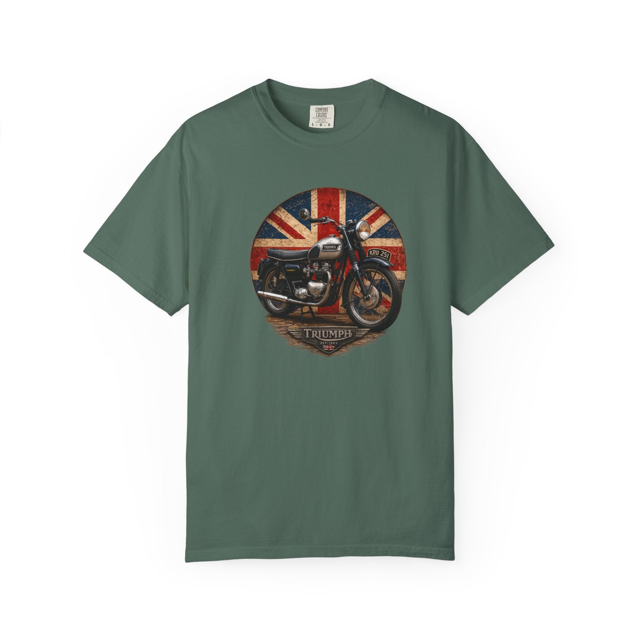 Classic Triumph Motorcycle T-Shirt — Vintage British Flag Ride Tee
