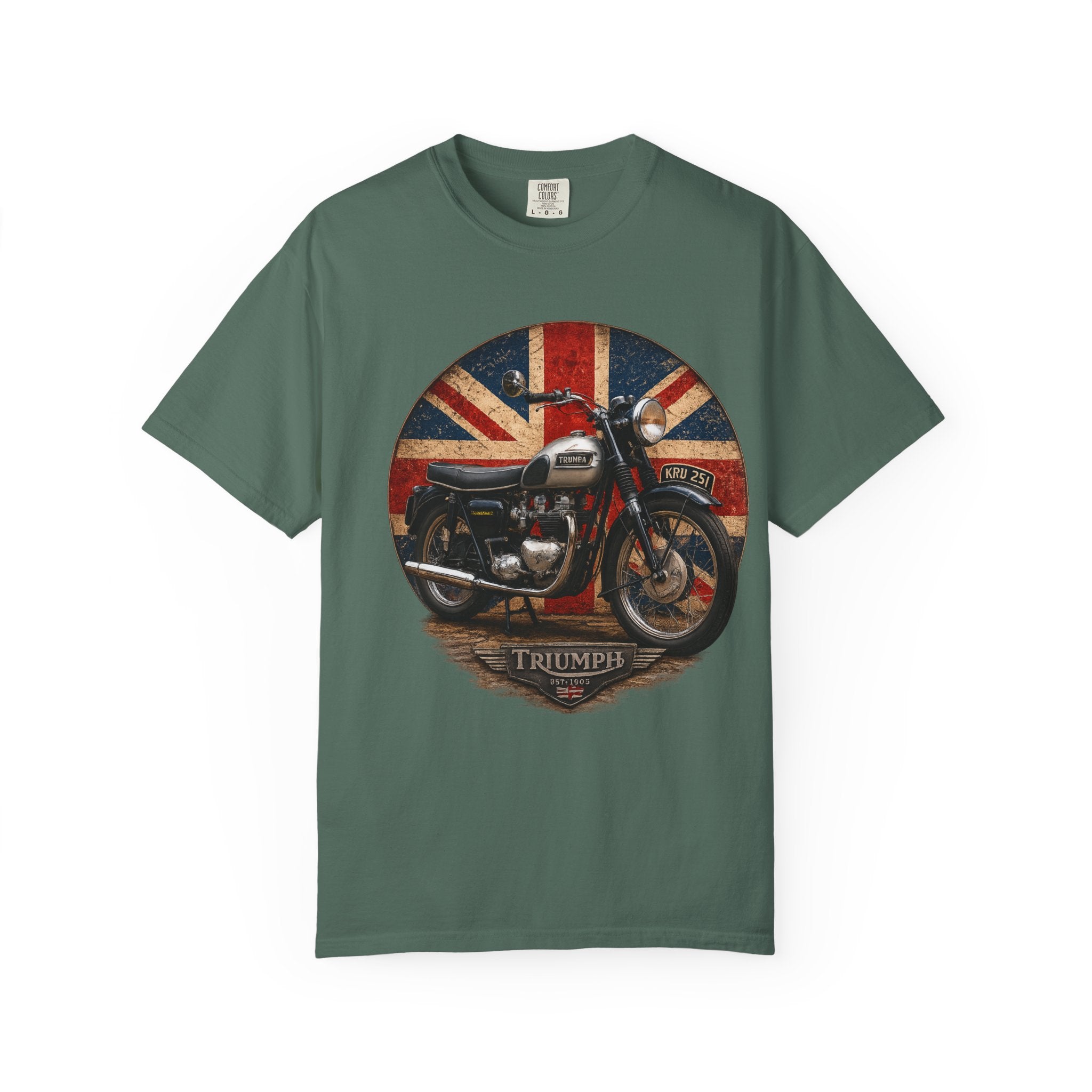 Classic Triumph Motorcycle T-Shirt — Vintage British Flag Ride Tee