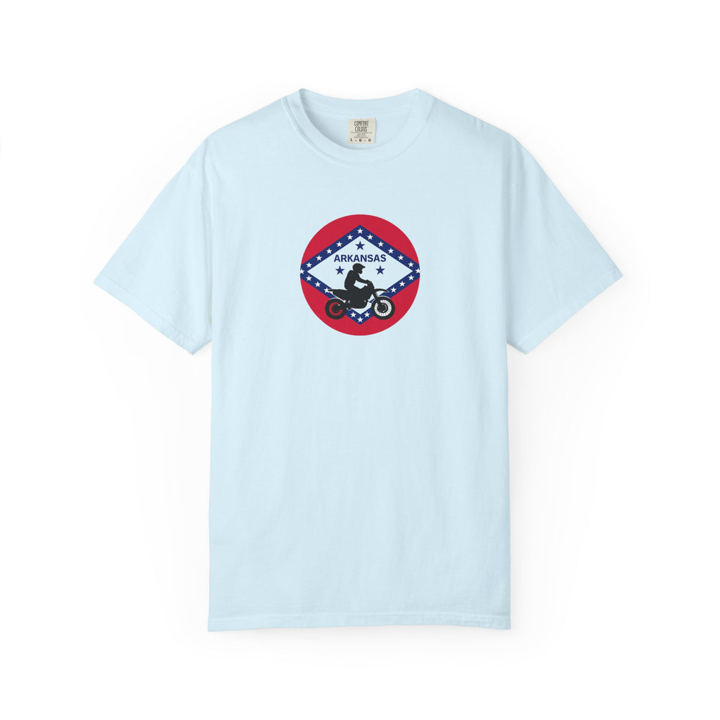 Copy of Arkansas Motorcycle Rider Graphic T-Shirt — State Flag Circle Design