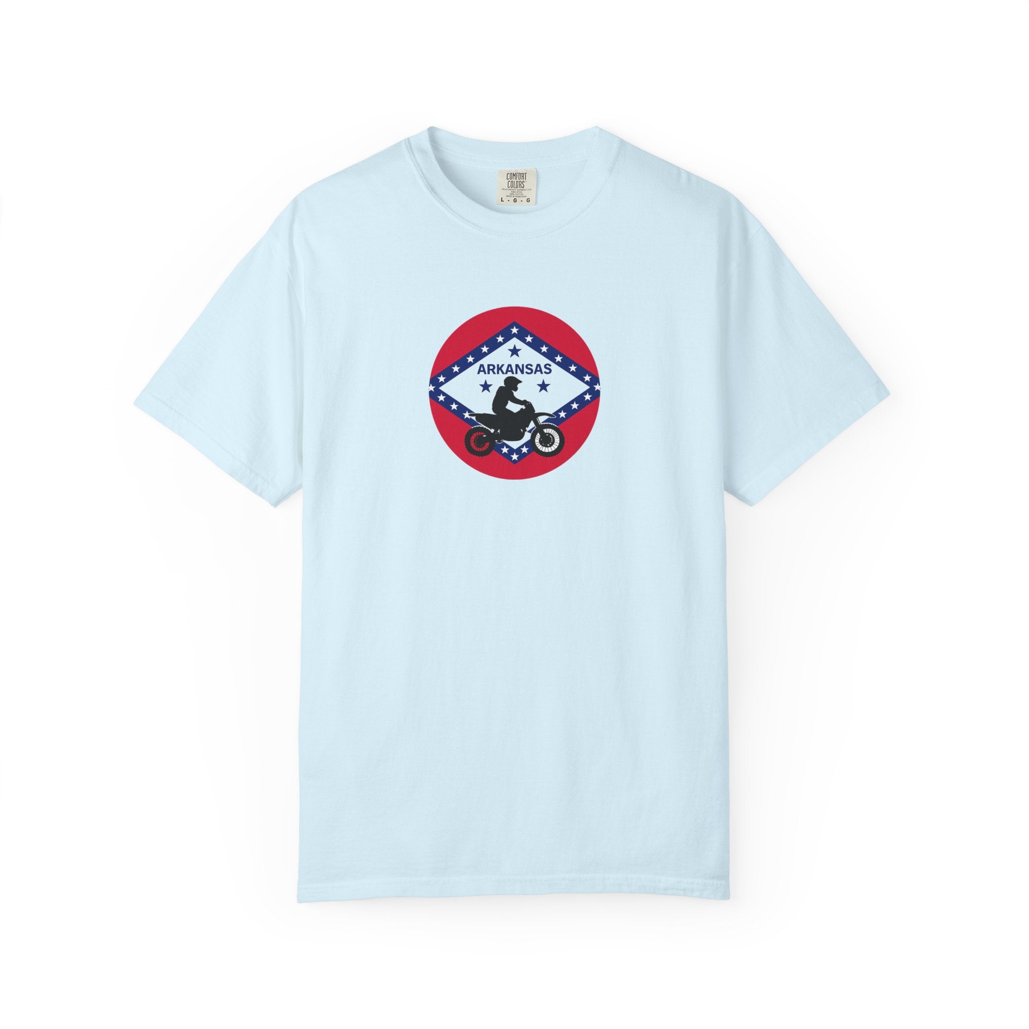 Copy of Arkansas Motorcycle Rider Graphic T-Shirt — State Flag Circle Design