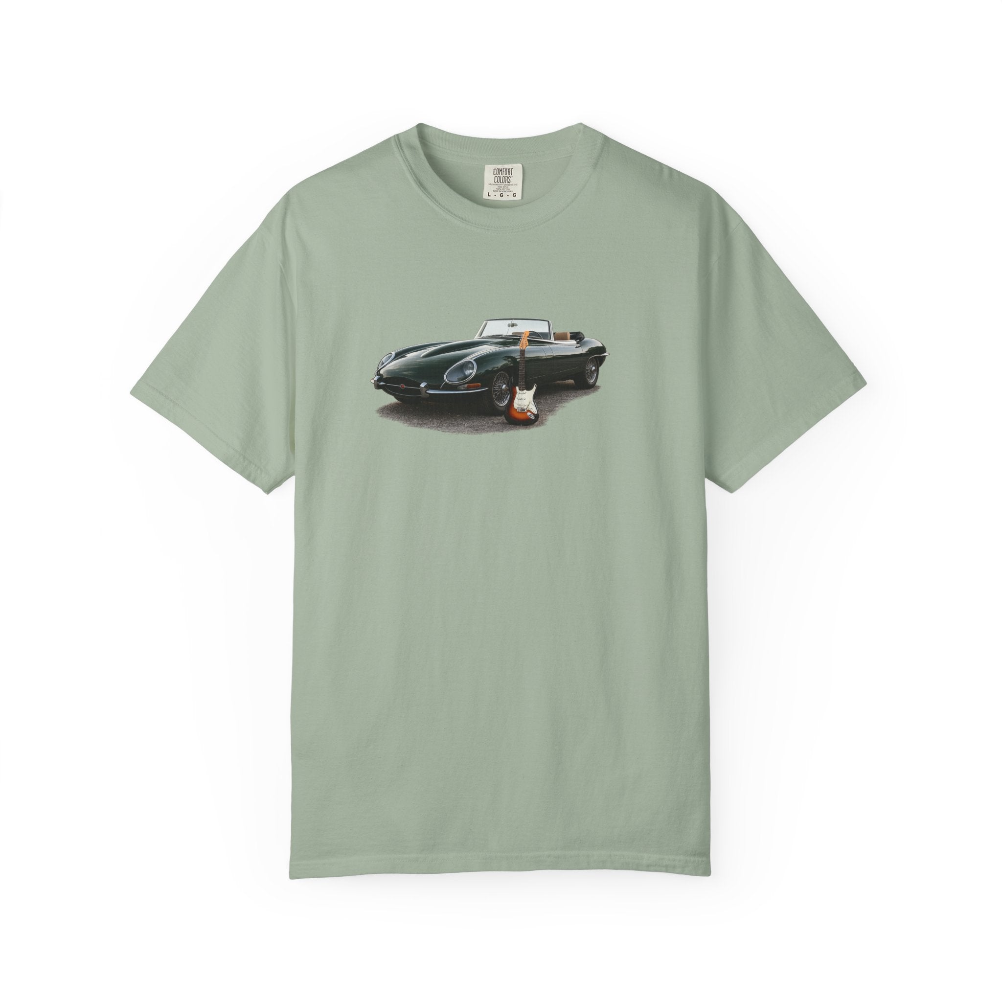 Classic Sports Car Tee — Vintage Jaguar with Guitar Graphic