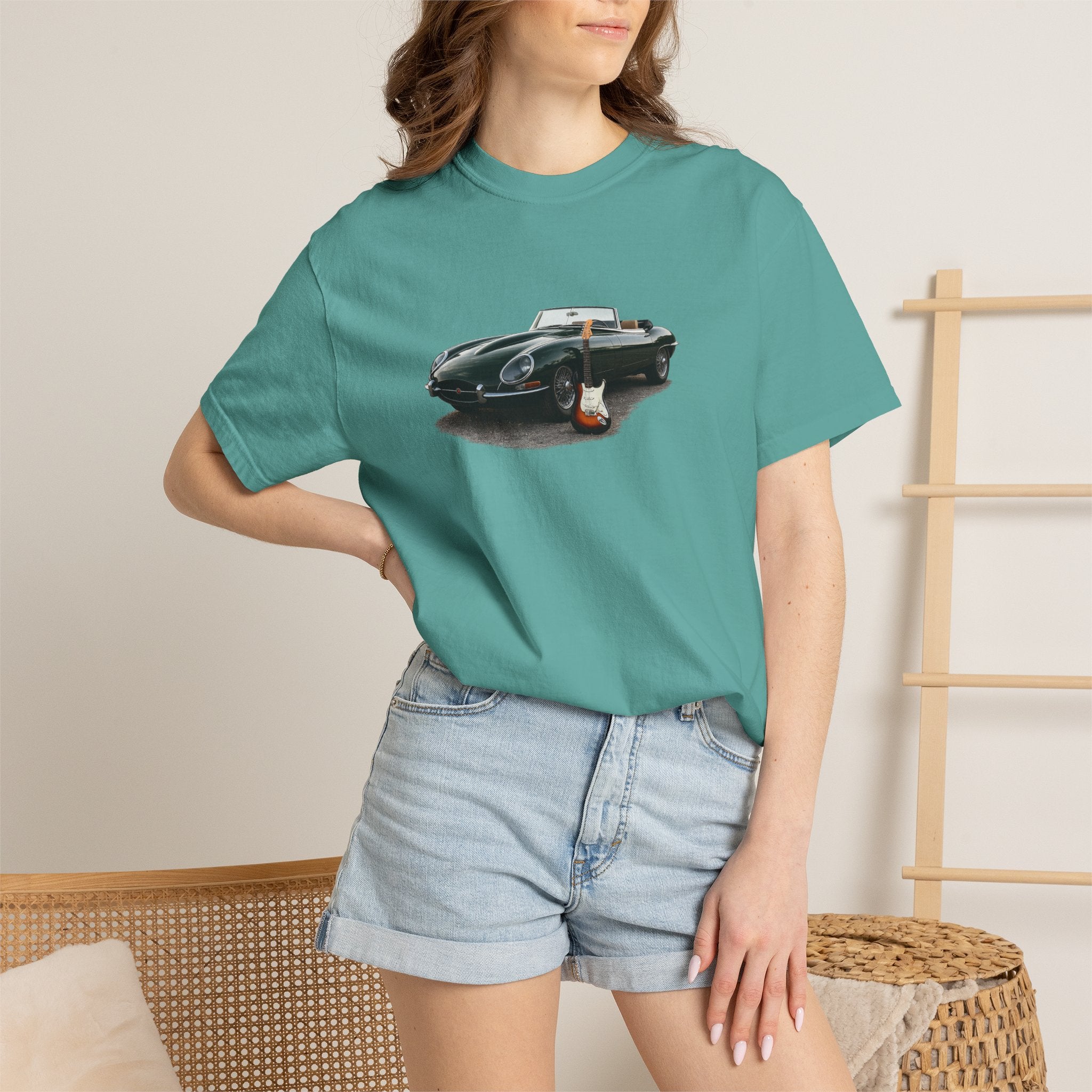 Classic Sports Car Tee — Vintage Jaguar with Guitar Graphic