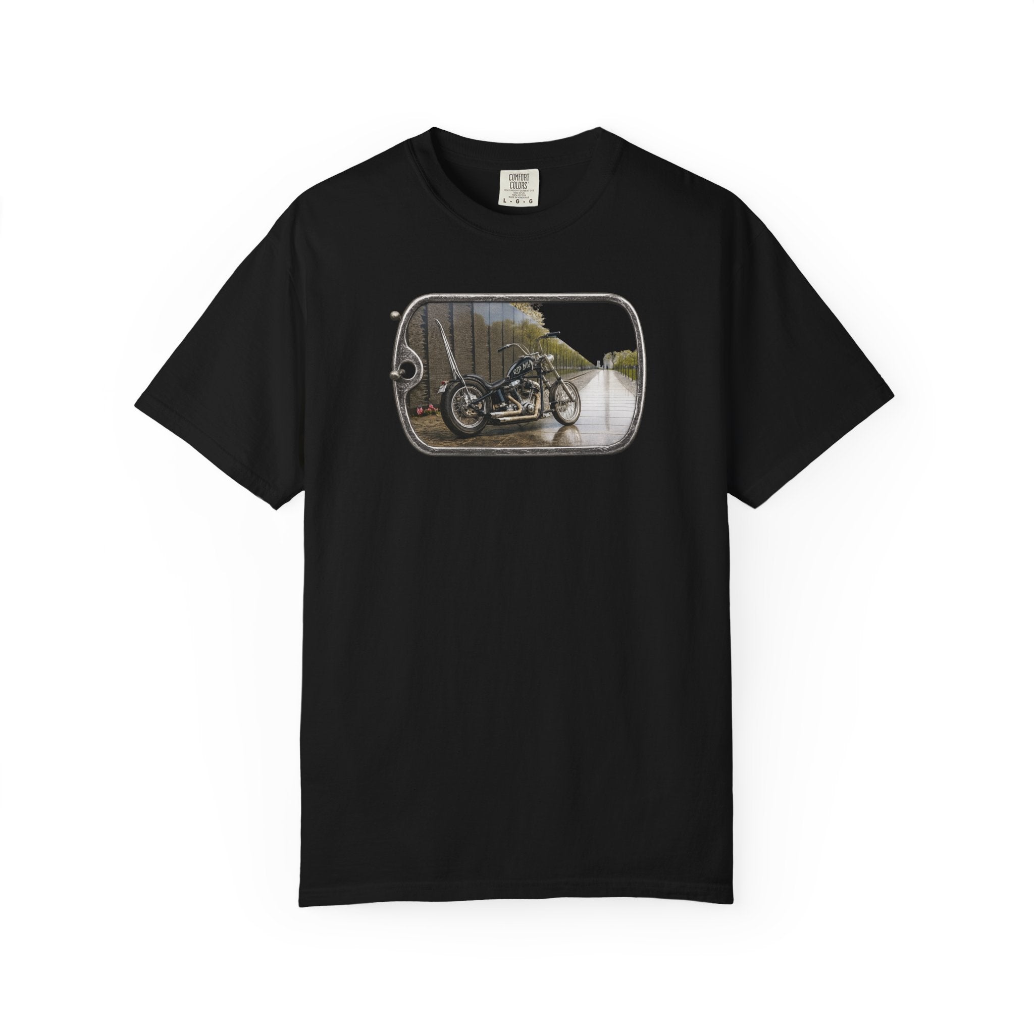 Vintage Motorcycle Dog Tag T-Shirt — Retro Chopper Scenic Print