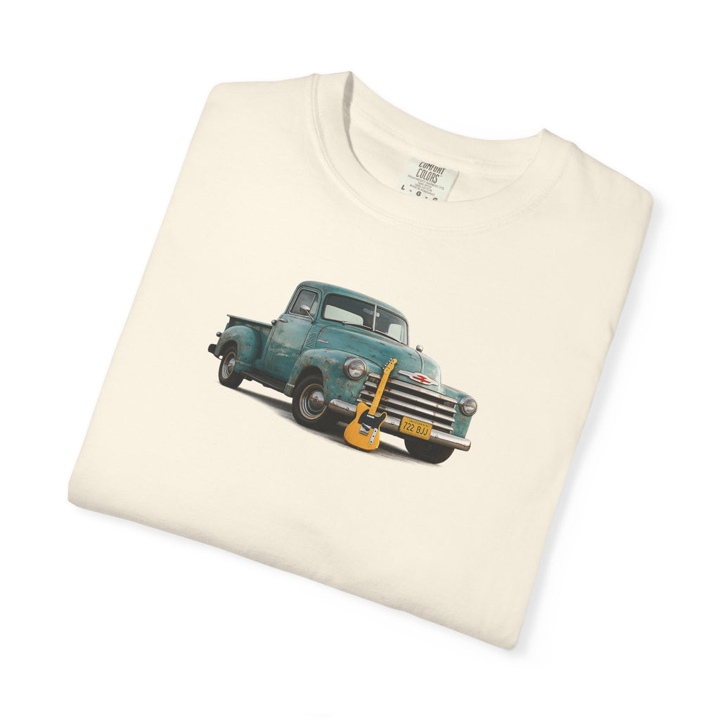 Vintage Pickup Truck & Guitar T-Shirt — Retro Americana Tee for Musicians & Classic Car Fans