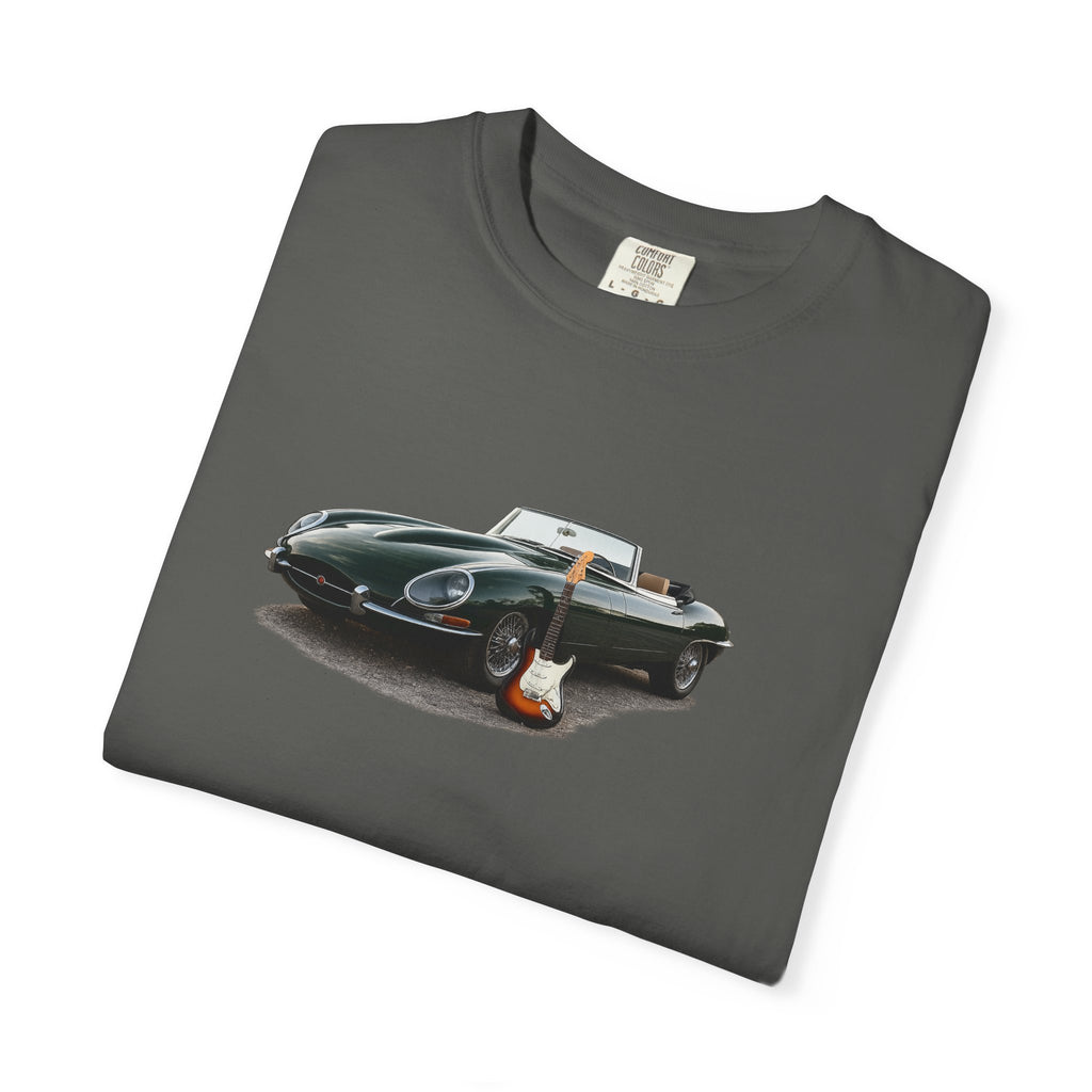 Classic Sports Car Tee — Vintage Jaguar with Guitar Graphic