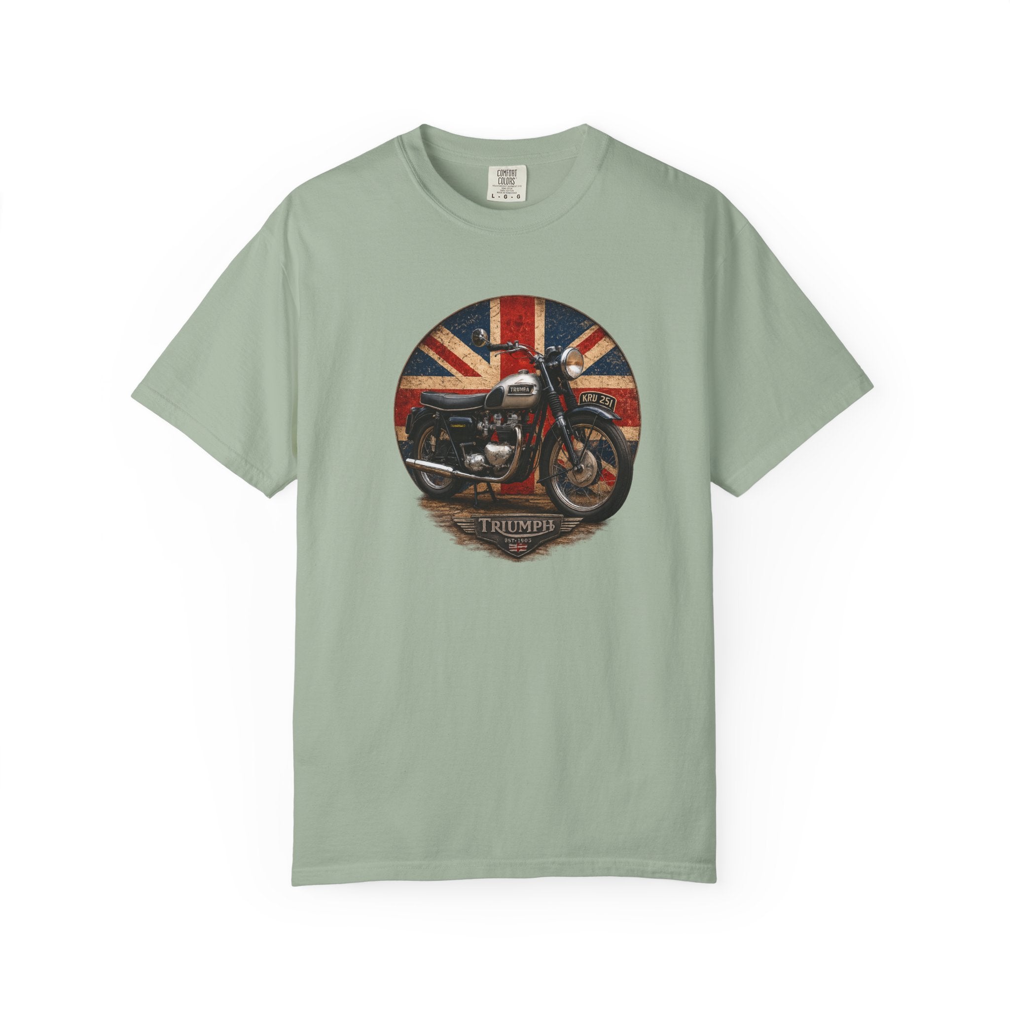 Classic Triumph Motorcycle T-Shirt — Vintage British Flag Ride Tee