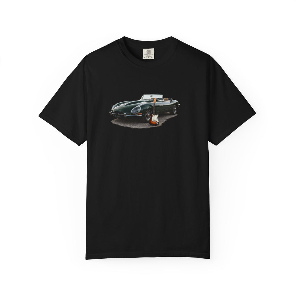Classic Sports Car Tee — Vintage Jaguar with Guitar Graphic