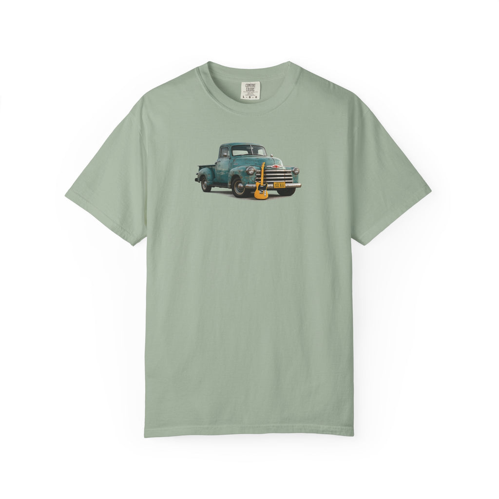 Vintage Pickup Truck & Guitar T-Shirt — Retro Americana Tee for Musicians & Classic Car Fans