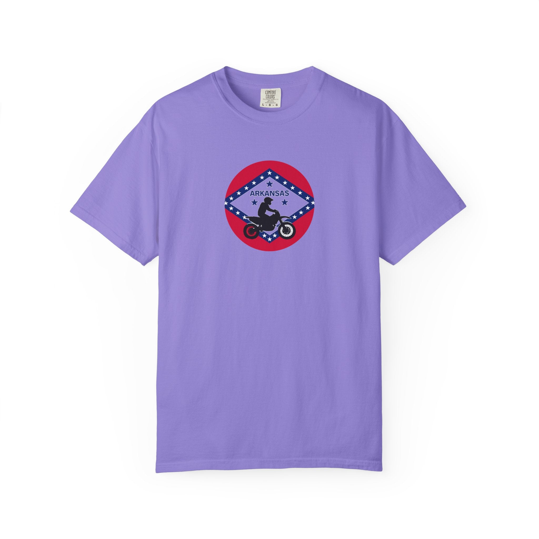 Copy of Arkansas Motorcycle Rider Graphic T-Shirt — State Flag Circle Design