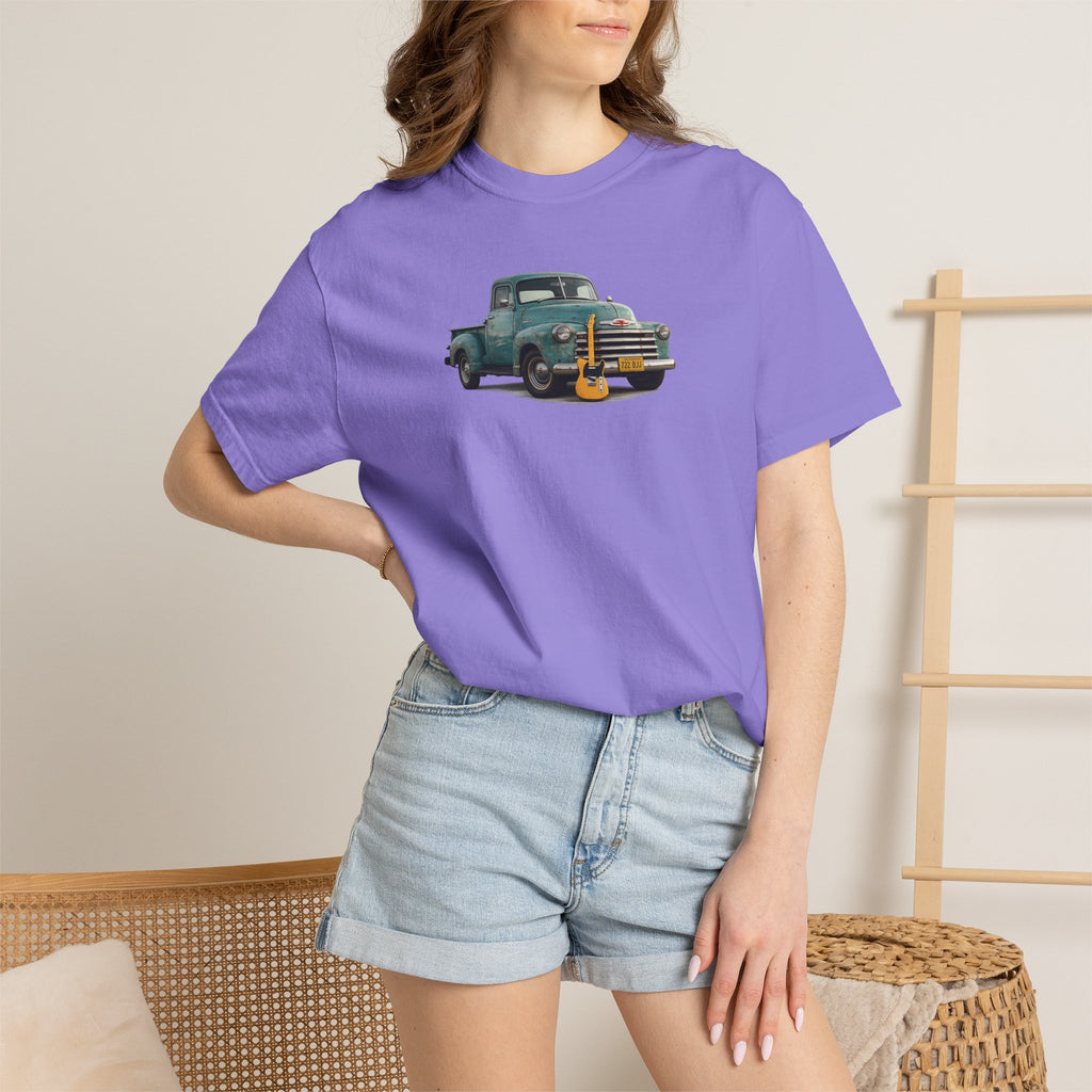 Vintage Pickup Truck & Guitar T-Shirt — Retro Americana Tee for Musicians & Classic Car Fans