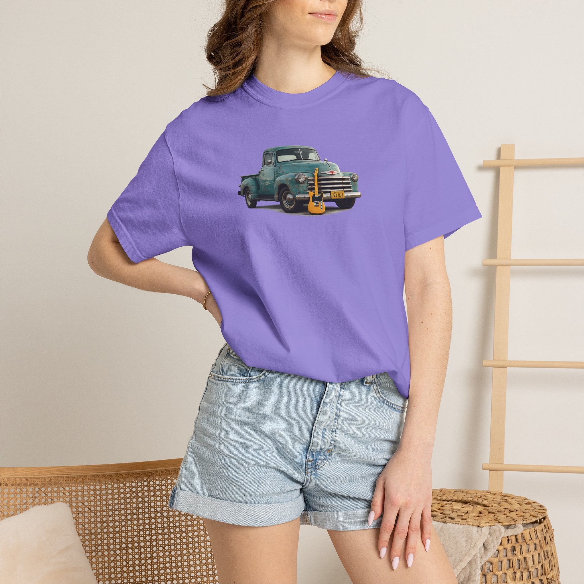 Vintage Pickup Truck & Guitar T-Shirt — Retro Americana Tee for Musicians & Classic Car Fans