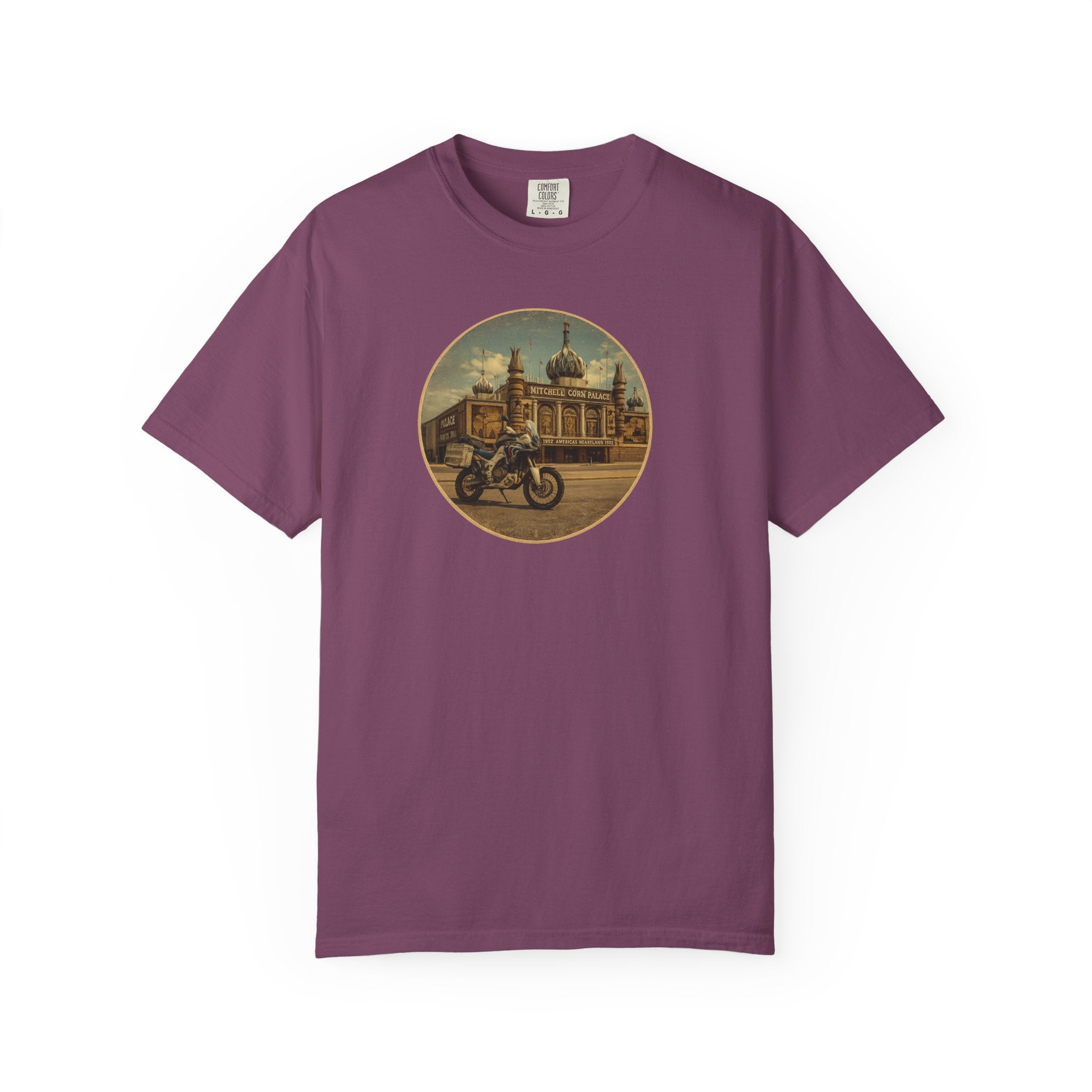 Vintage Motorcycle T-Shirt — Rider in Front of Historic Cathedral