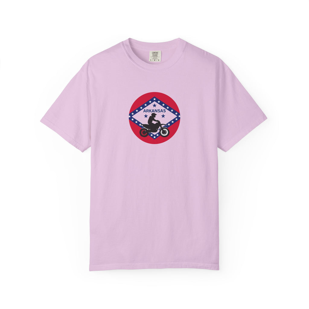 Copy of Arkansas Motorcycle Rider Graphic T-Shirt — State Flag Circle Design