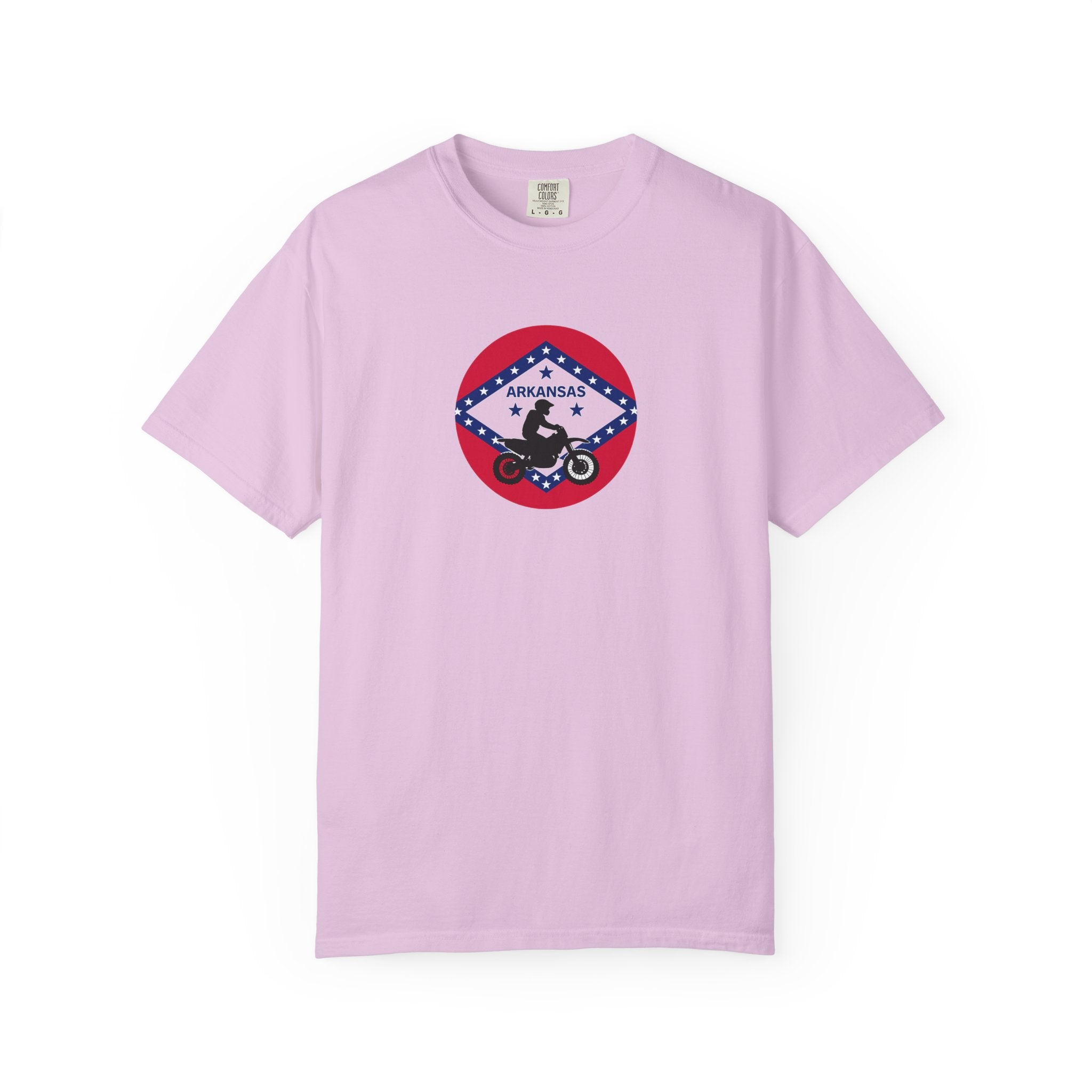Copy of Arkansas Motorcycle Rider Graphic T-Shirt — State Flag Circle Design