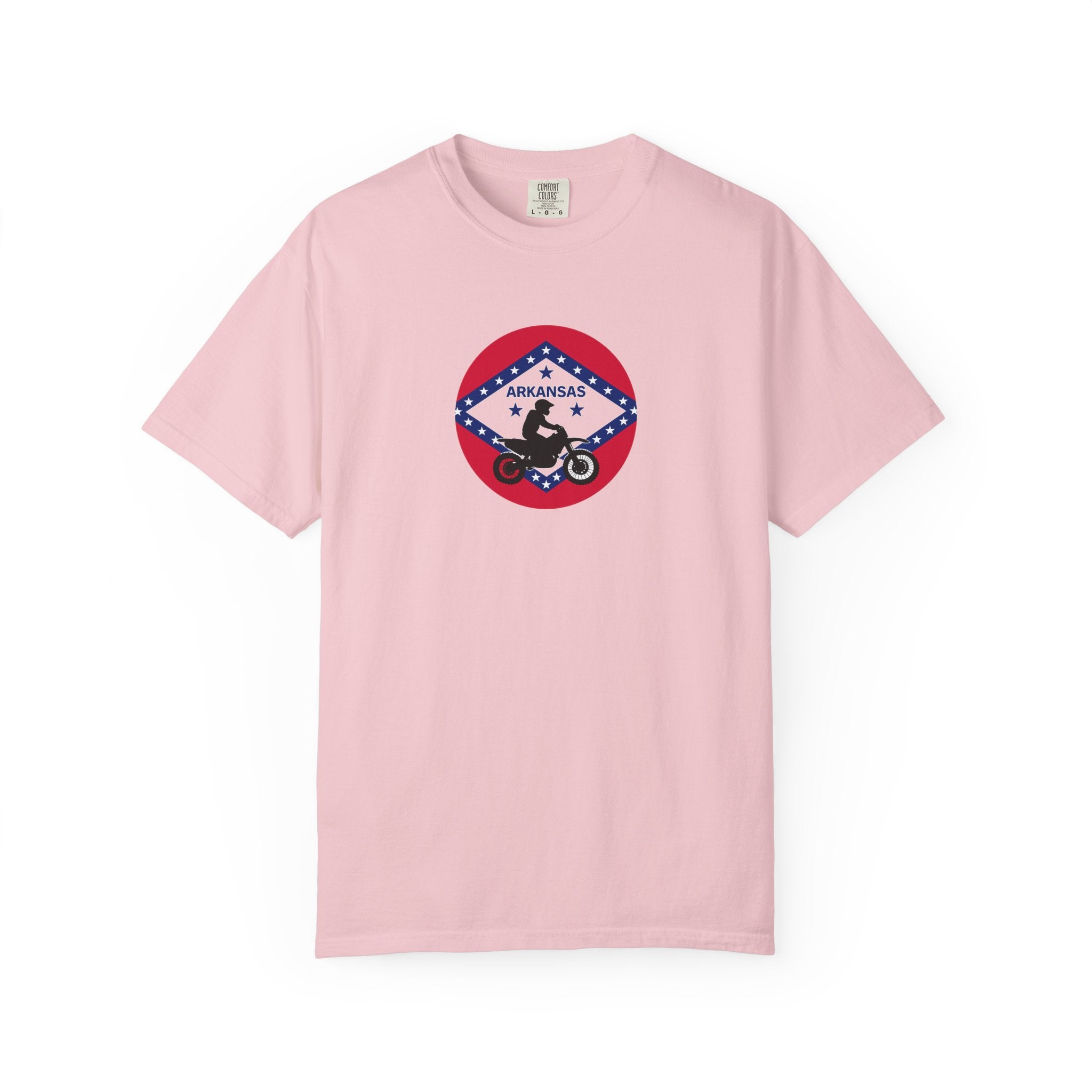Copy of Arkansas Motorcycle Rider Graphic T-Shirt — State Flag Circle Design
