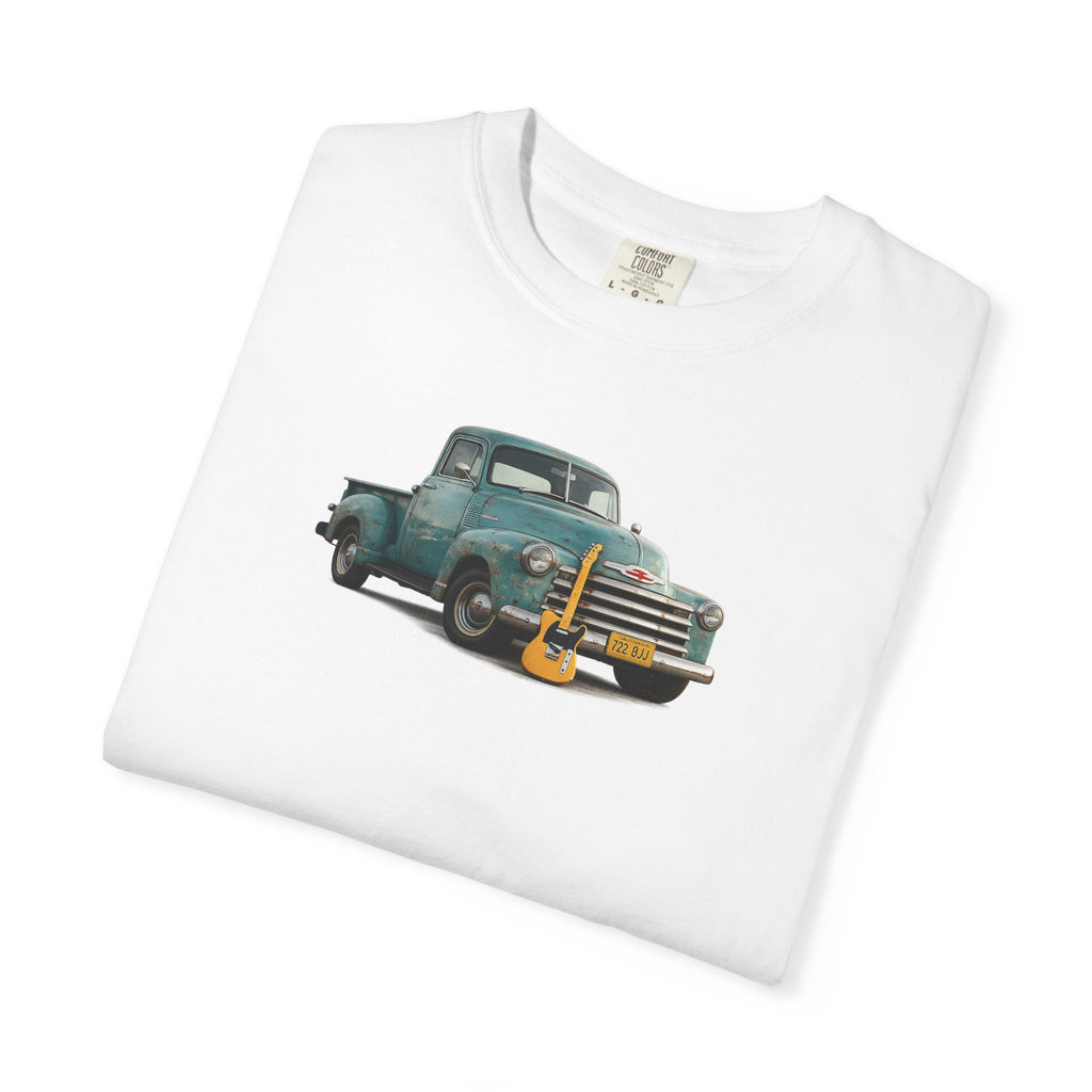 Vintage Pickup Truck & Guitar T-Shirt — Retro Americana Tee for Musicians & Classic Car Fans