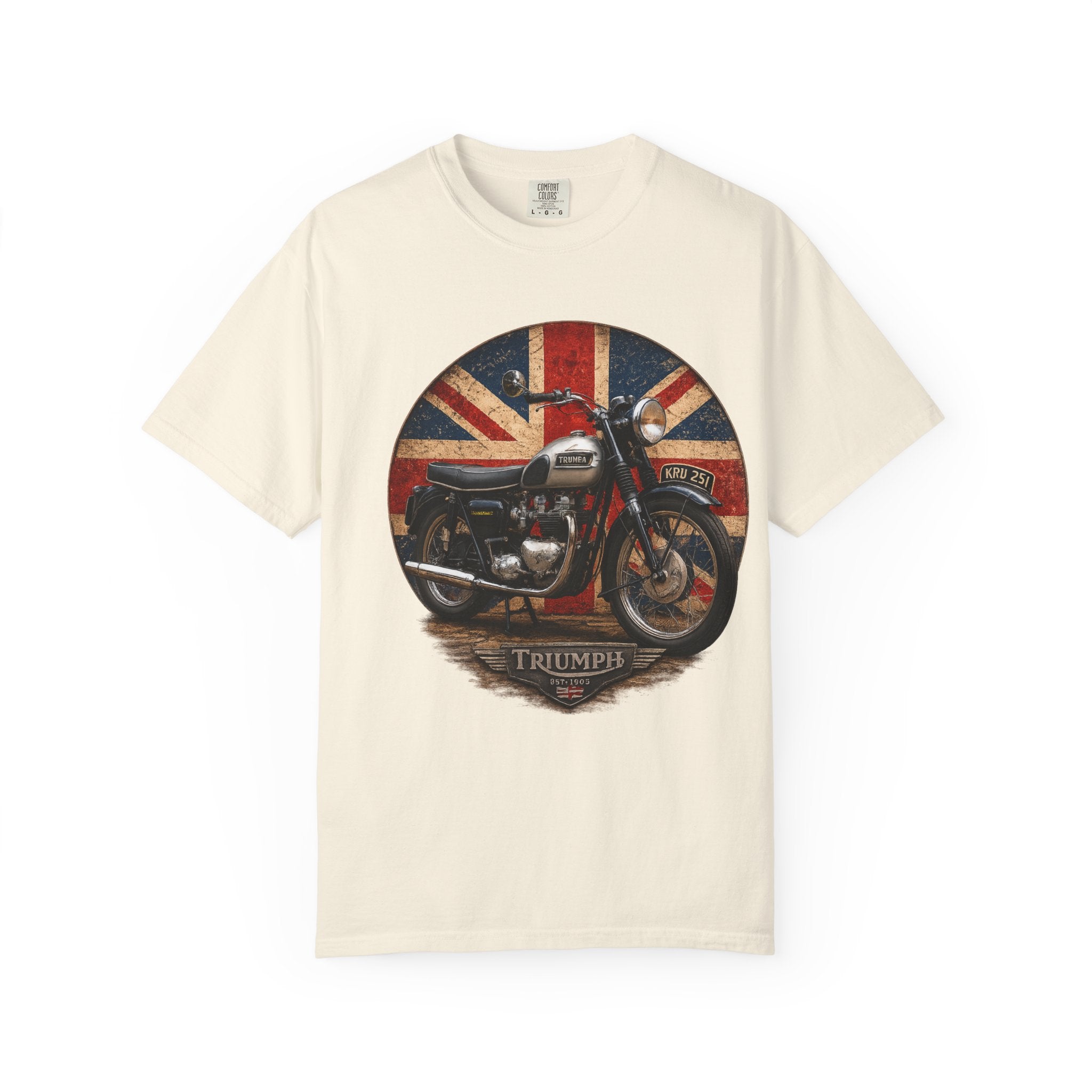 Classic Triumph Motorcycle T-Shirt — Vintage British Flag Ride Tee