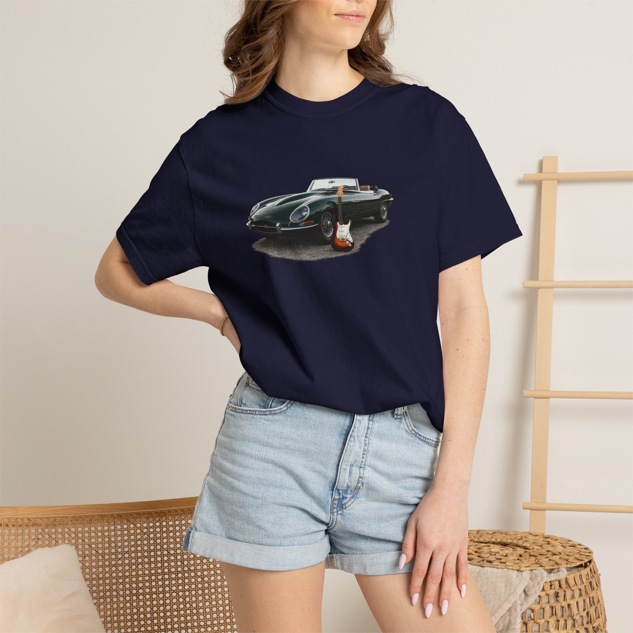 Classic Sports Car Tee — Vintage Jaguar with Guitar Graphic
