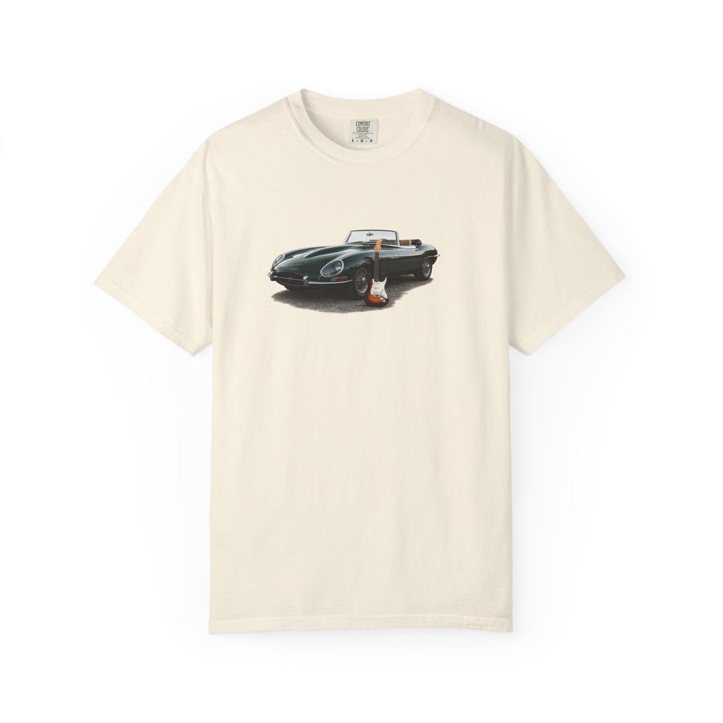 Classic Sports Car Tee — Vintage Jaguar with Guitar Graphic