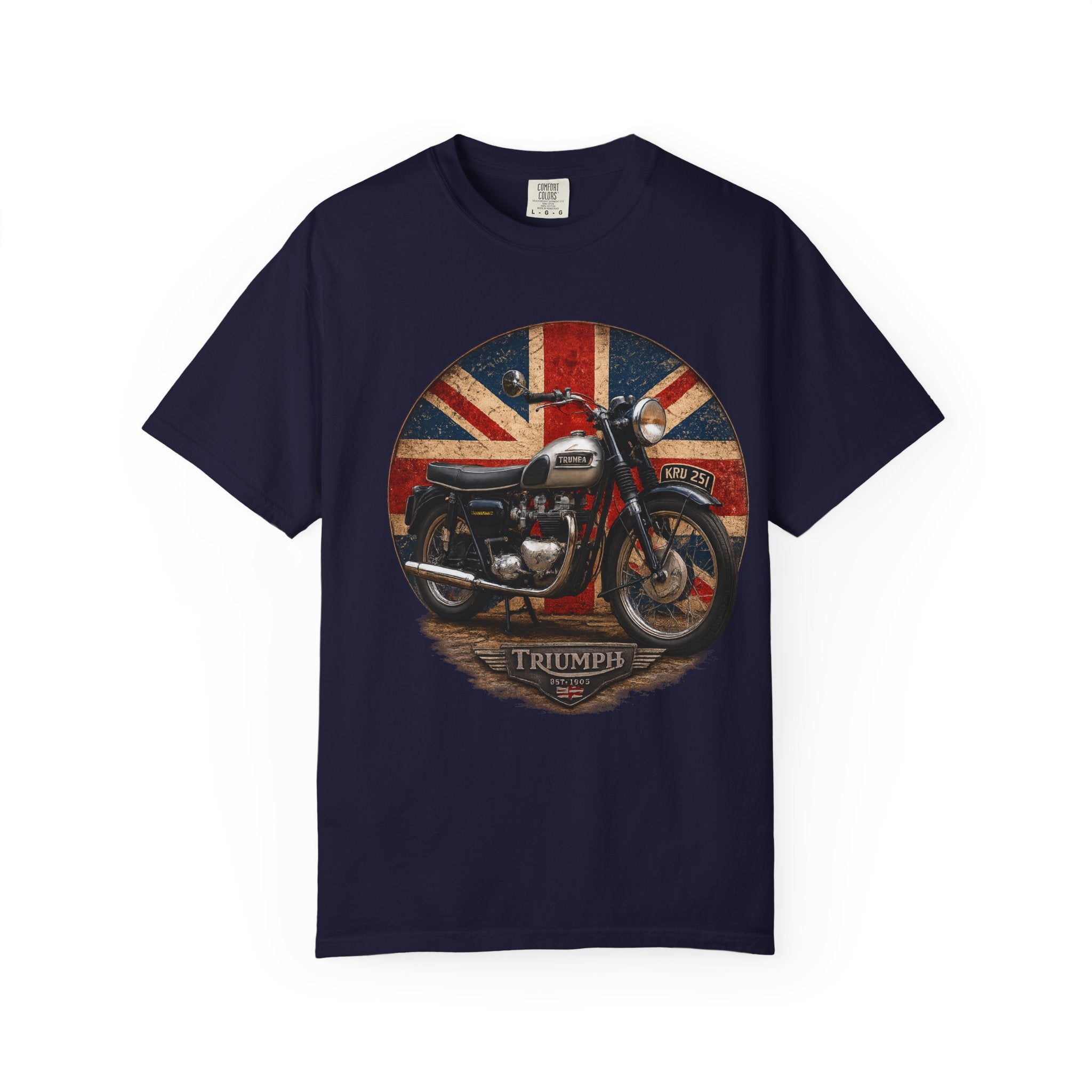 Classic Triumph Motorcycle T-Shirt — Vintage British Flag Ride Tee