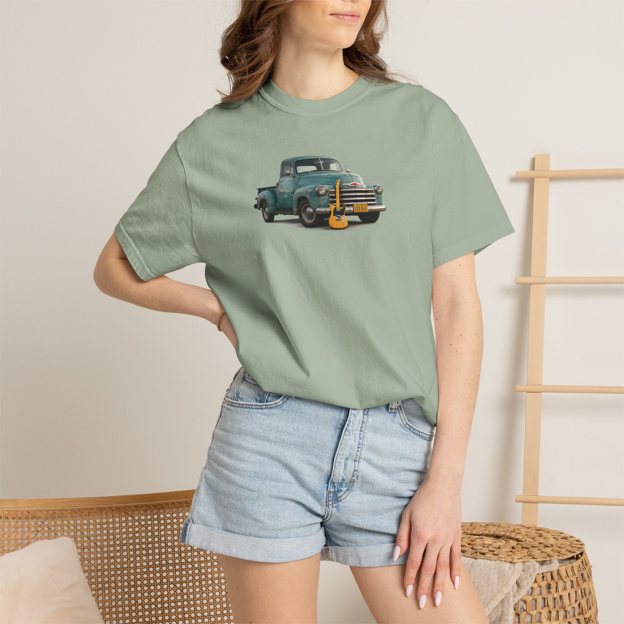 Vintage Pickup Truck & Guitar T-Shirt — Retro Americana Tee for Musicians & Classic Car Fans